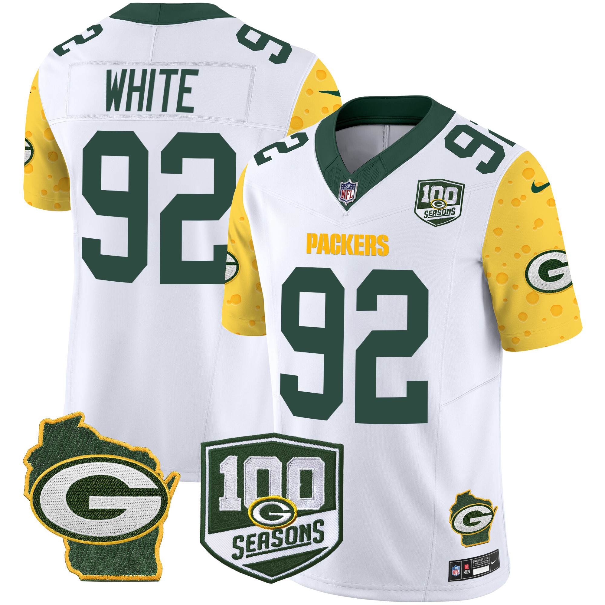 Men's Reggie White Green Bay Packers 100th Season & Home Patch Cheese Vapor Limited White Jersey â€“ All Stitched