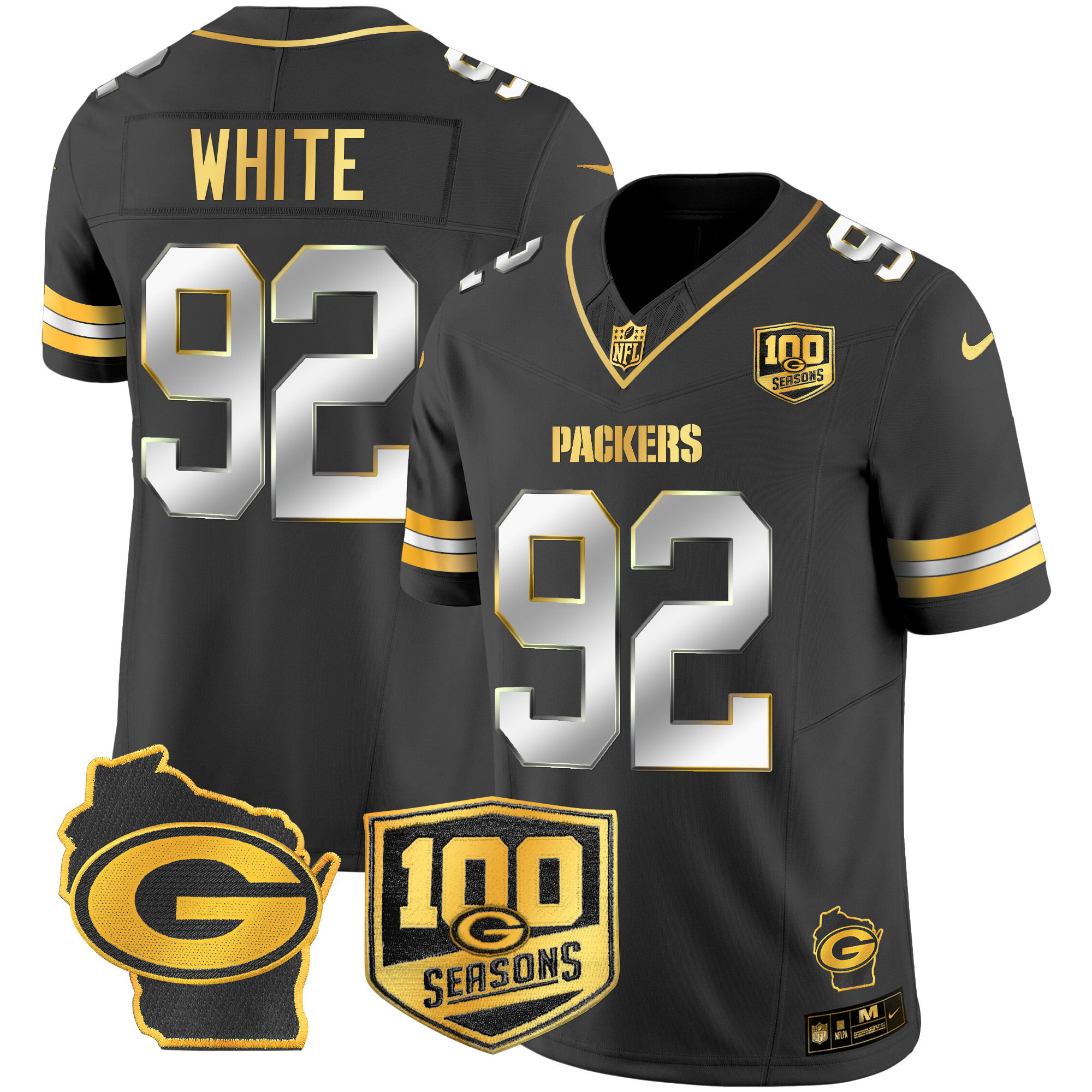 Men's Reggie White Green Bay Packers 100th Season & Home Patch Gold Vapor Limited Black Limited Jersey â€“ All Stitched