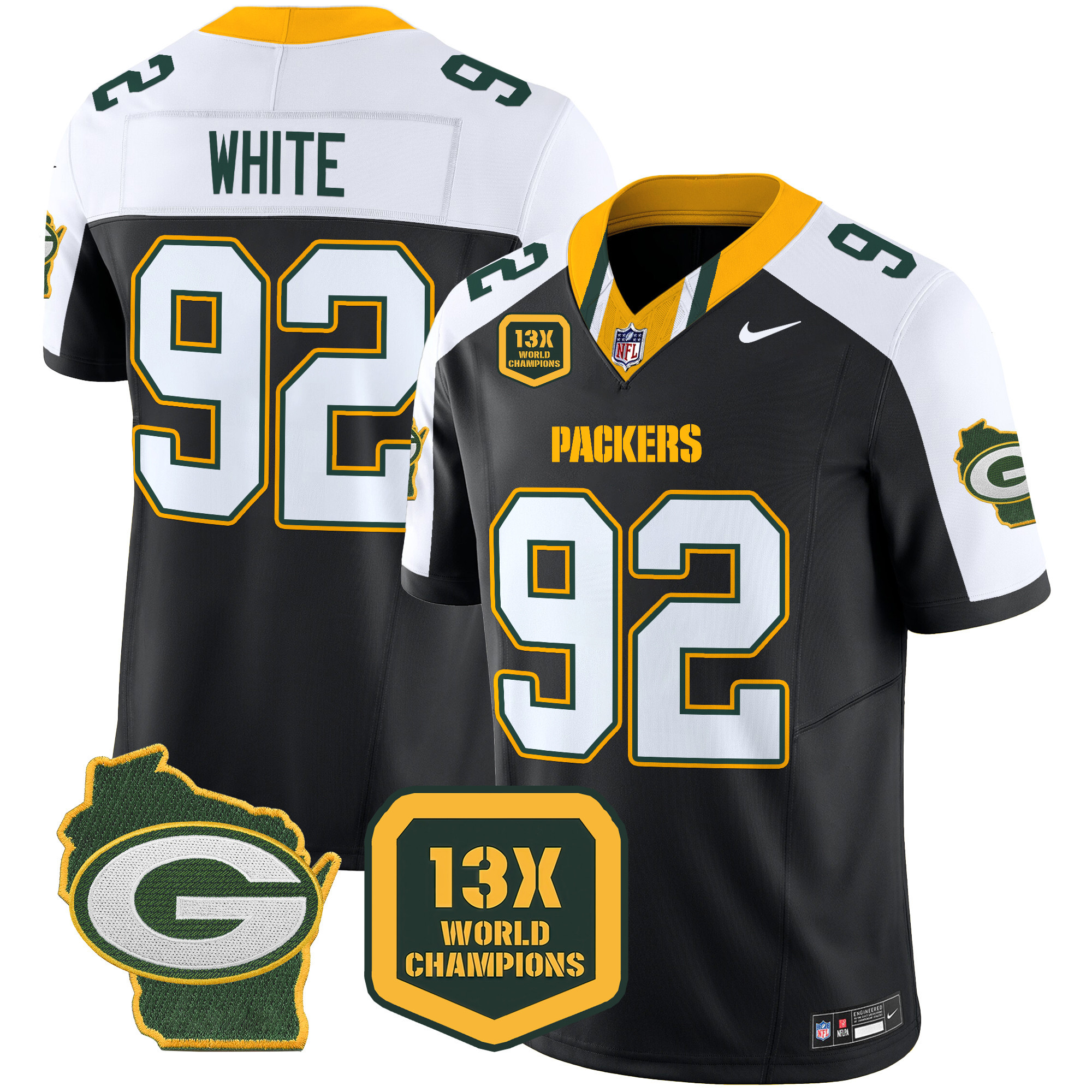 Men's Reggie White Green Bay Packers 13 Time World Champions & Home Patch Vapor Limited Black Alternate Jersey â€“ All Stitched