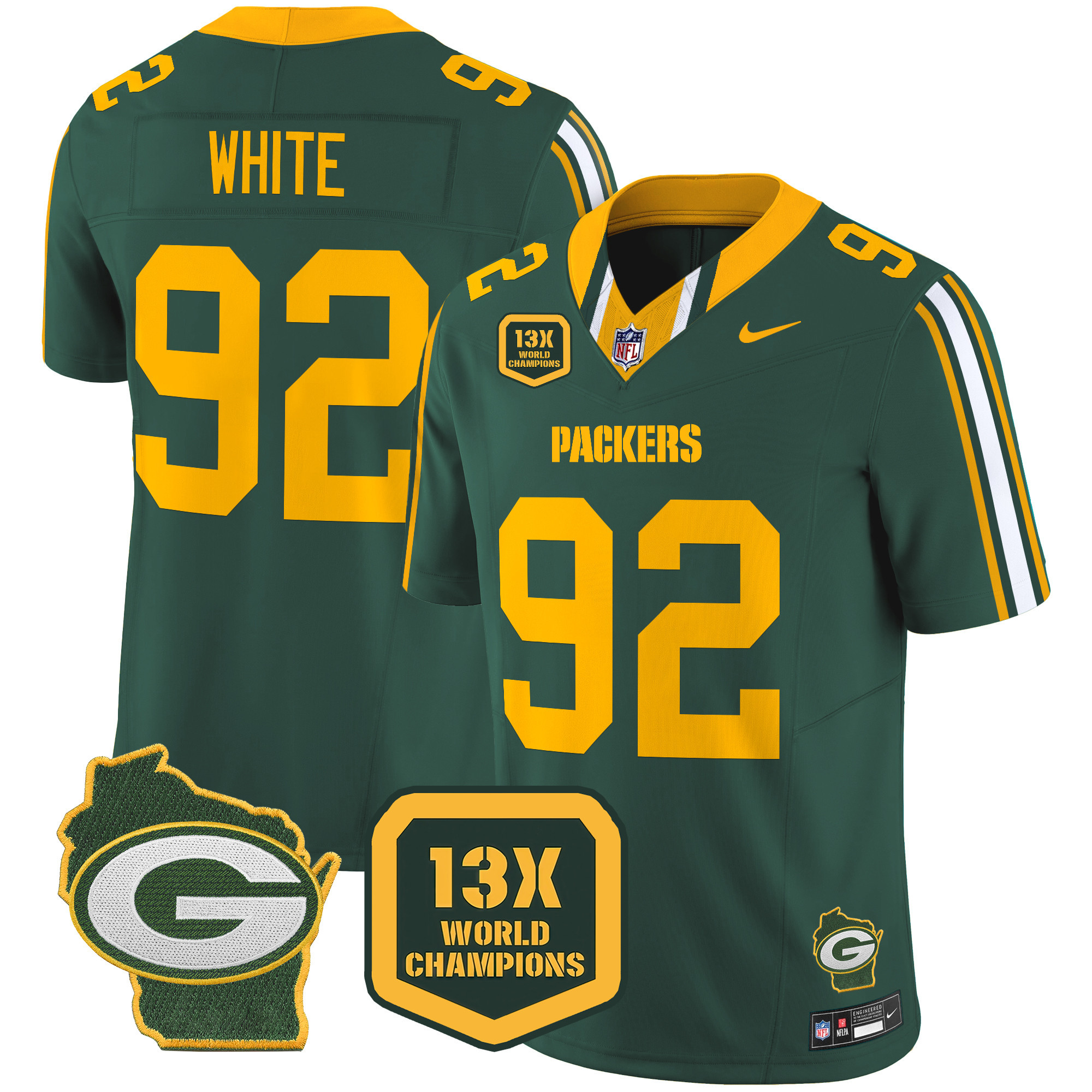 Men's Reggie White Green Bay Packers 13 Time World Champions & Home Patch Vapor Limited Green Jersey â€“ All Stitched