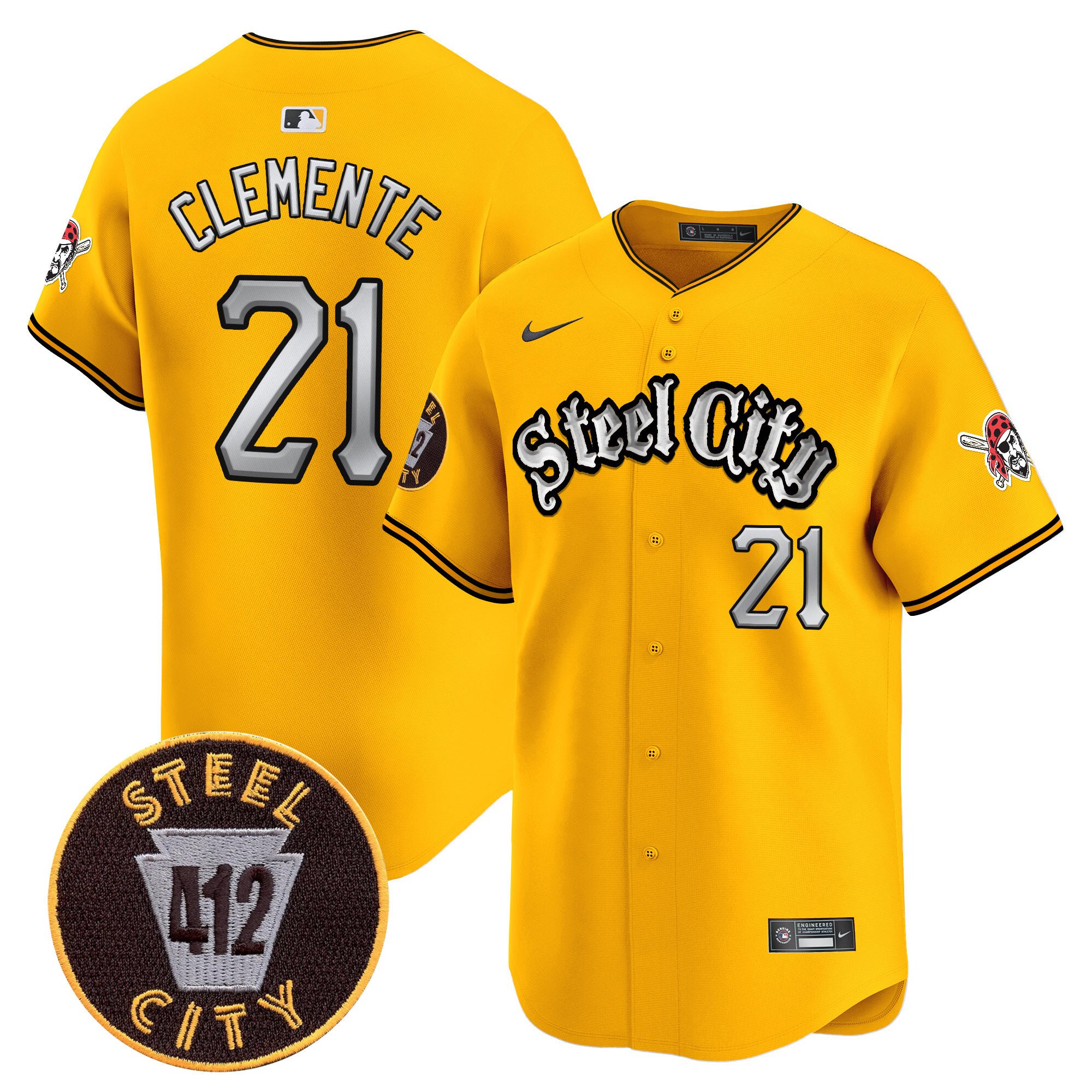 Men's Roberto Clemente Pittsburgh Pirates 412 Patch Vapor Premier Limited Gold Jersey V2 - All Stitched