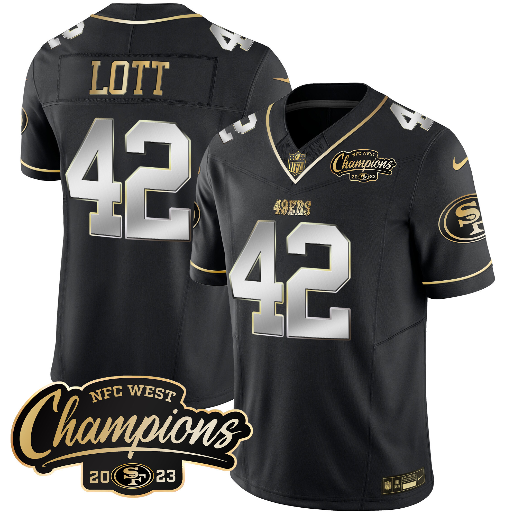 Men's Ronnie Lott San Francisco 49ers 2023 NFC West Champions Patch Vapor Black Limited Jersey - All Stitched