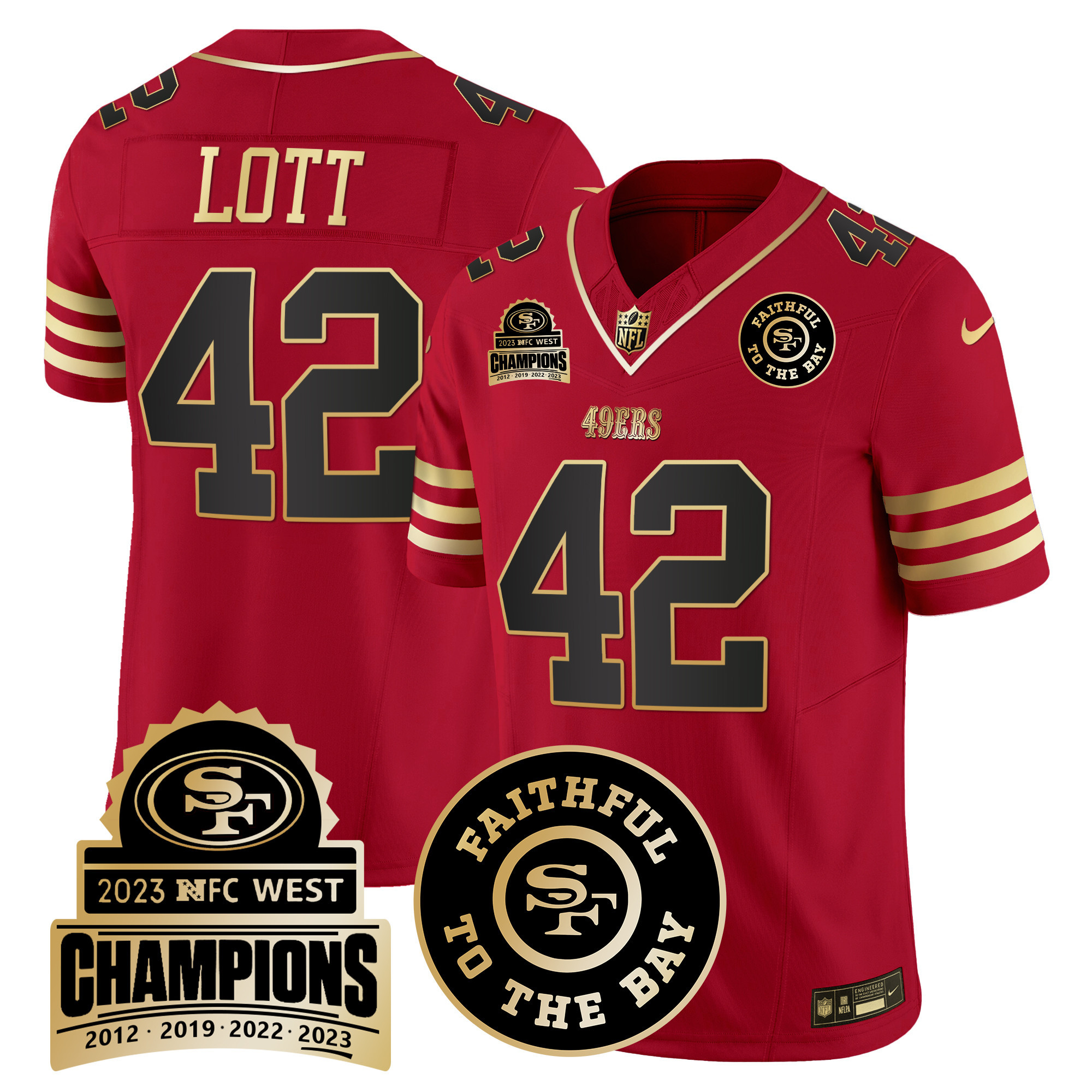 Men's Ronnie Lott San Francisco 49ers 2023 NFC West Champions Patch Vapor Black Scarlet Jersey V3 - All Stitched