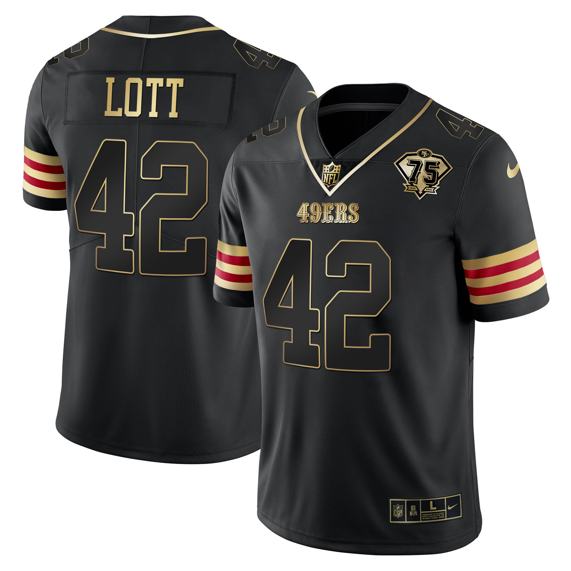 Men's Ronnie Lott San Francisco 49ers 75th Anniversary Patch Vapor Gold Black Gold Jersey V2 - All Stitched