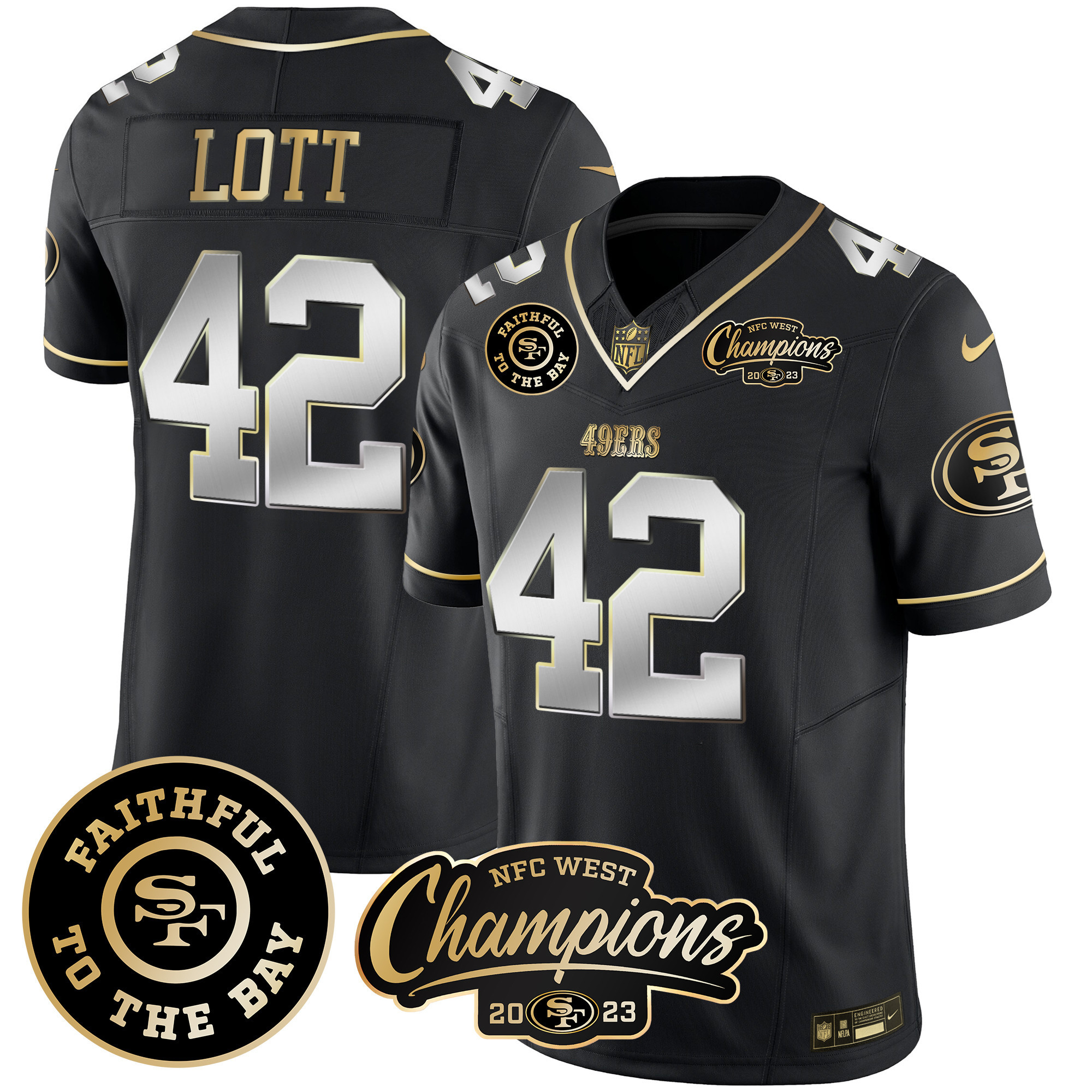 Men's Ronnie Lott San Francisco 49ers Faithful & 2023 NFC West Champions Patch Vapor Black Limited Jersey - All Stitched