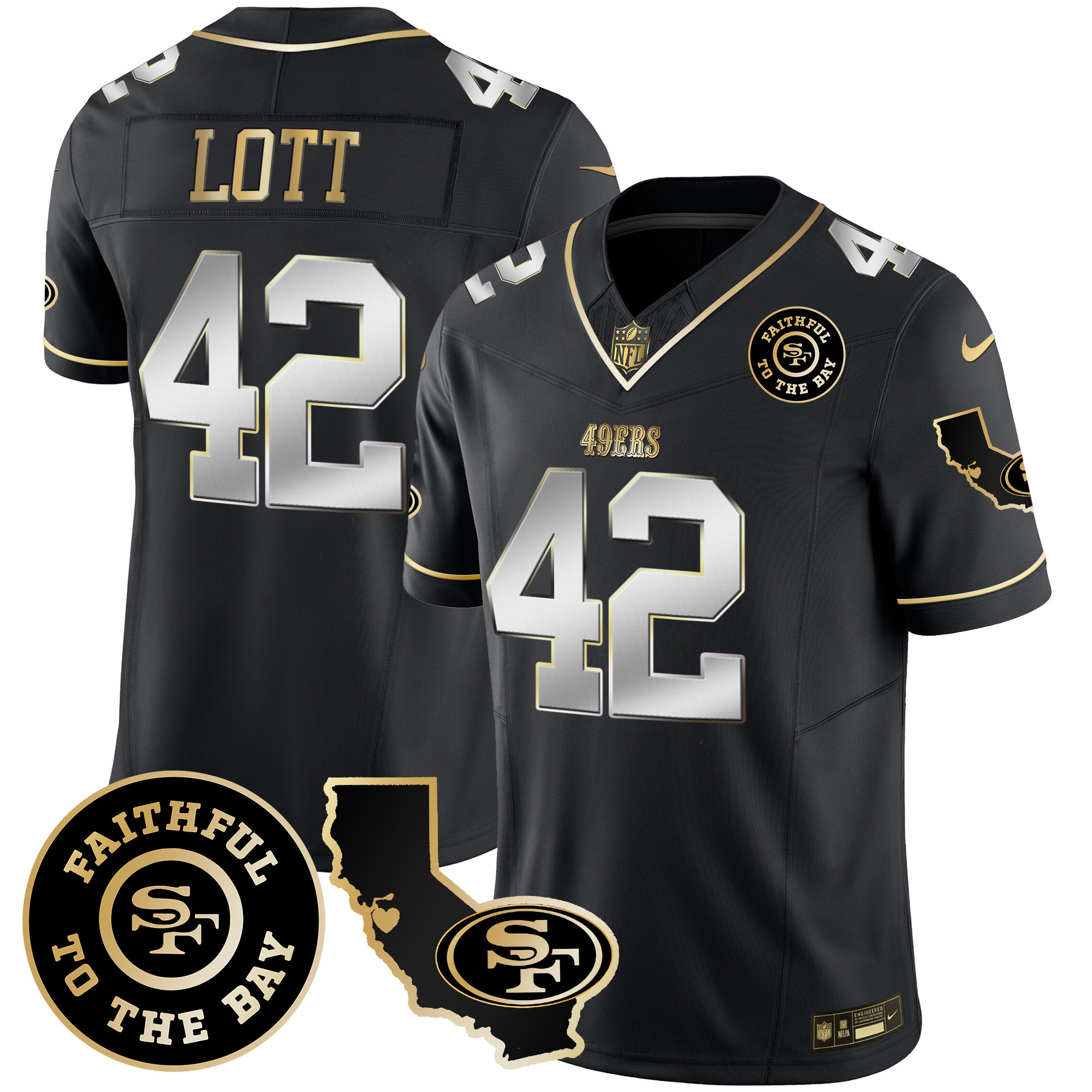 Men's Ronnie Lott San Francisco 49ers Faithful & California Patch Vapor Black Limited Jersey - All Stitched