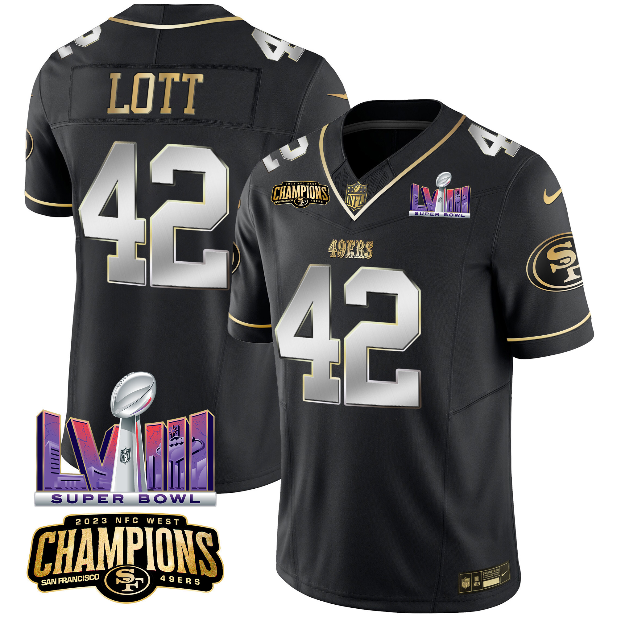 Men's Ronnie Lott San Francisco 49ers NFC West Champions & Super Bowl LVIII Patch Vapor Black Limited Jersey - All Stitched