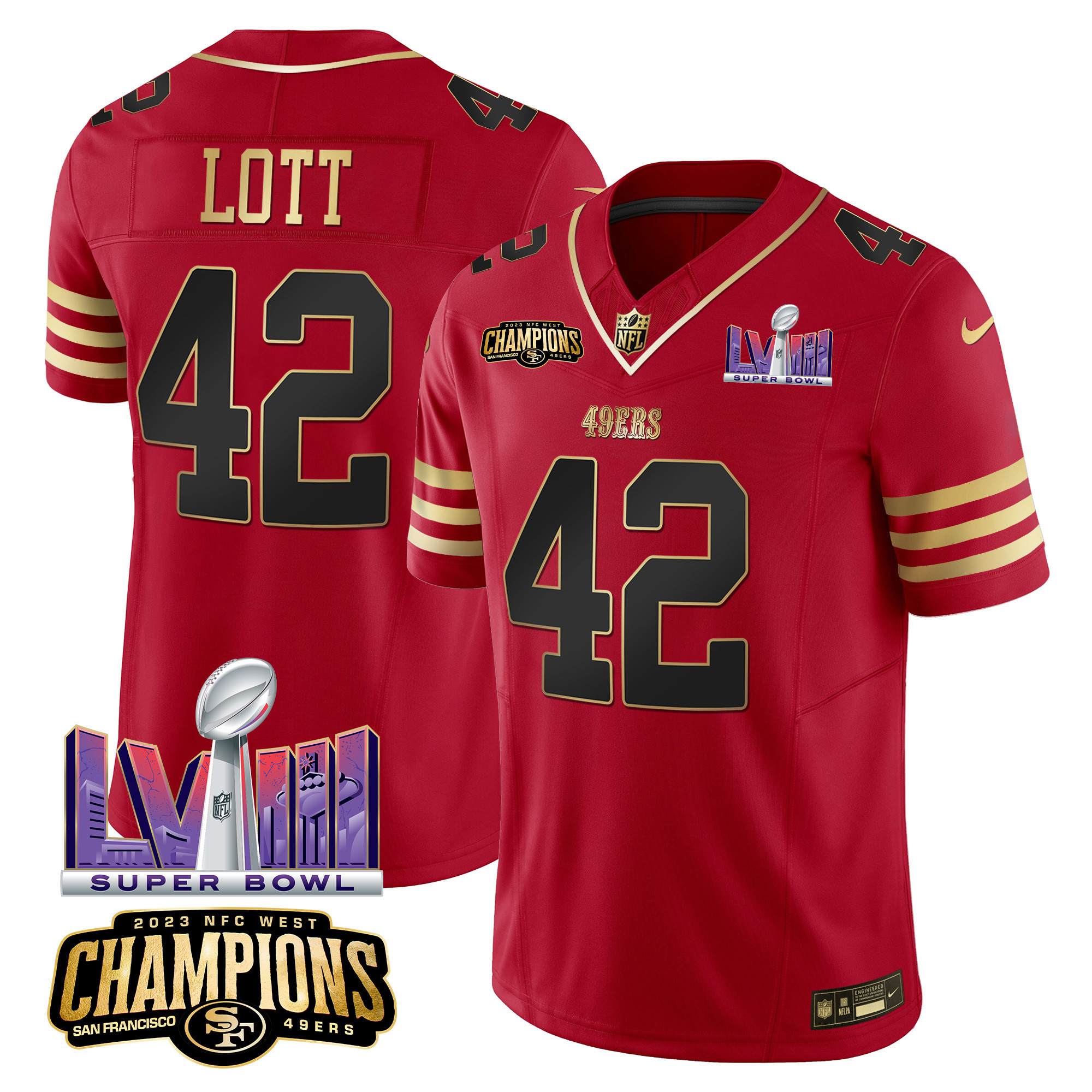 Men's Ronnie Lott San Francisco 49ers NFC West Champions & Super Bowl LVIII Patch Vapor Black Scarlet Jersey - All Stitched