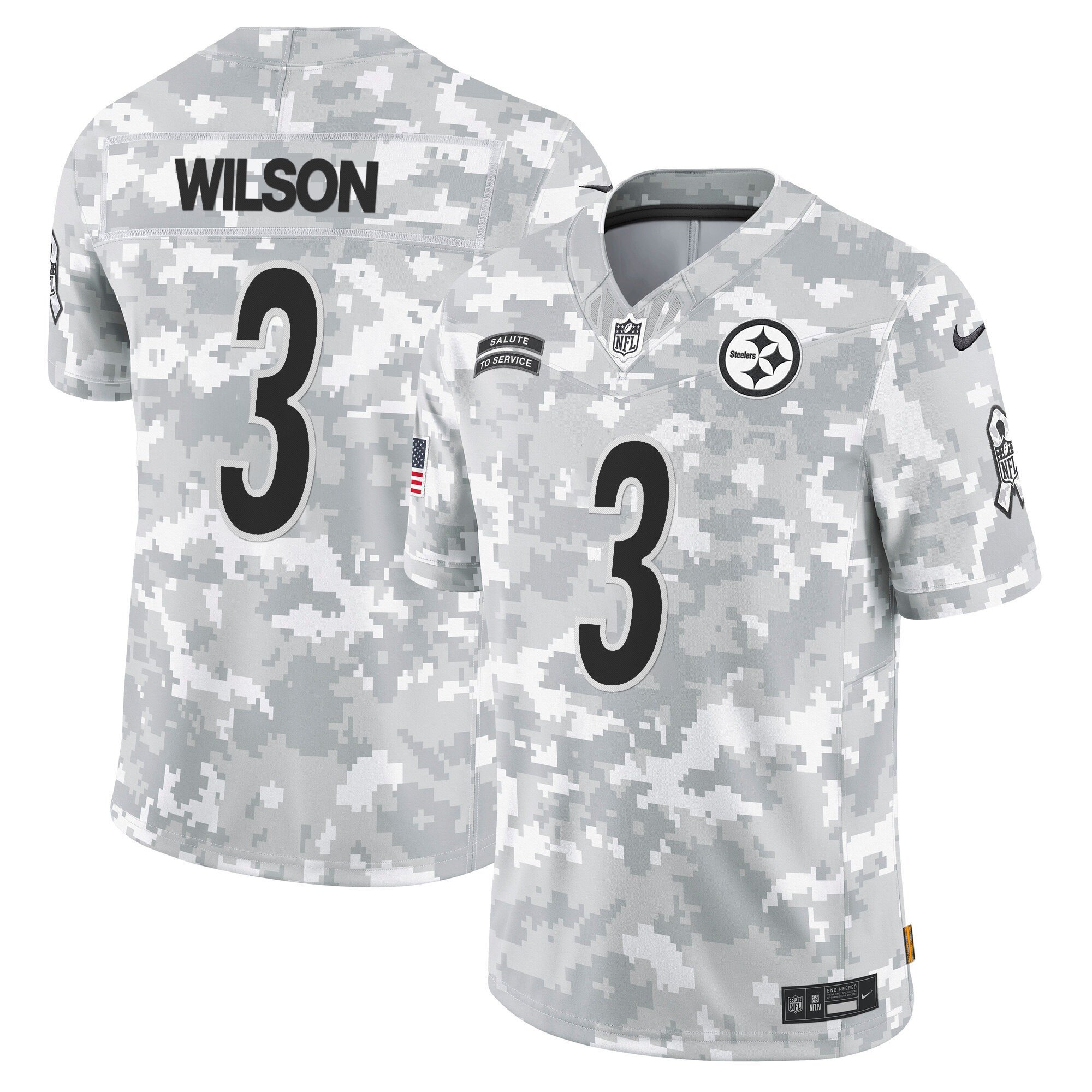 Men's Russell Wilson Pittsburgh Steelers 2024 Salute to Service Vapor Limited Jersey - Arctic Camo - All Stitched