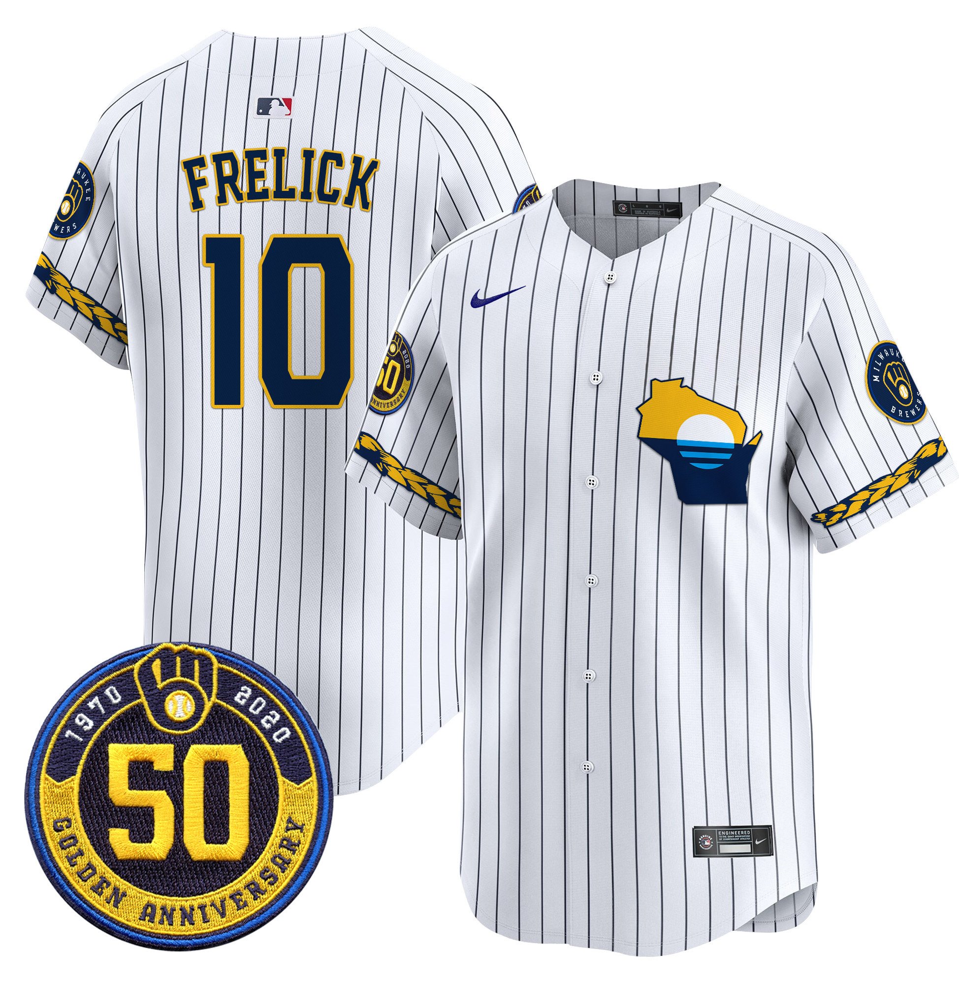 Men's Sal Frelick Milwaukee Brewers Golden 50th Anniversary Patch Vapor Premier Limited Pinstripe Jersey - All Stitched