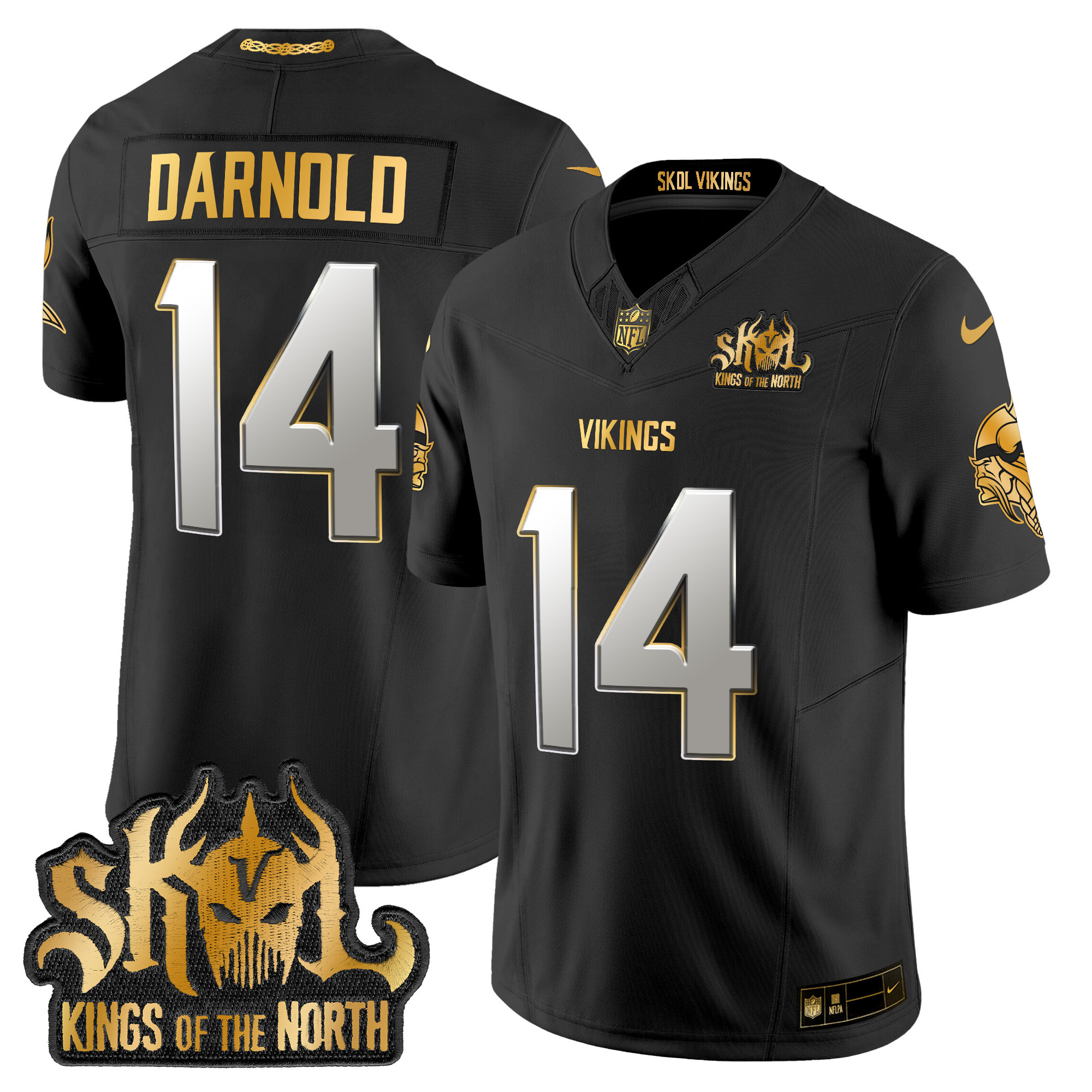 Men's Sam Darnold Minnesota Vikings 2024 Winter Warrior Skol Patch Gold Vapor Limited Black Limited Jersey - All Stitched