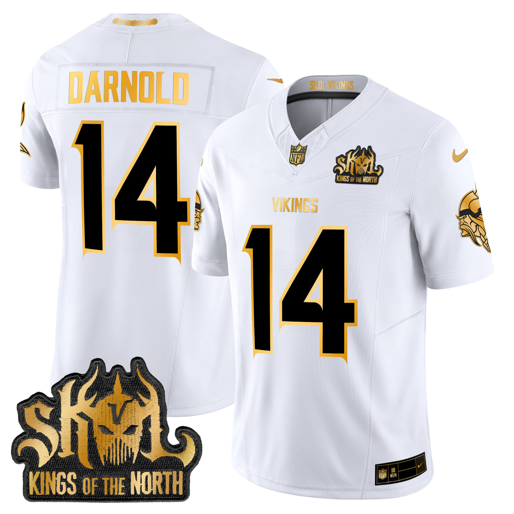 Men's Sam Darnold Minnesota Vikings 2024 Winter Warrior Skol Patch Gold Vapor Limited White Gold Jersey - All Stitched