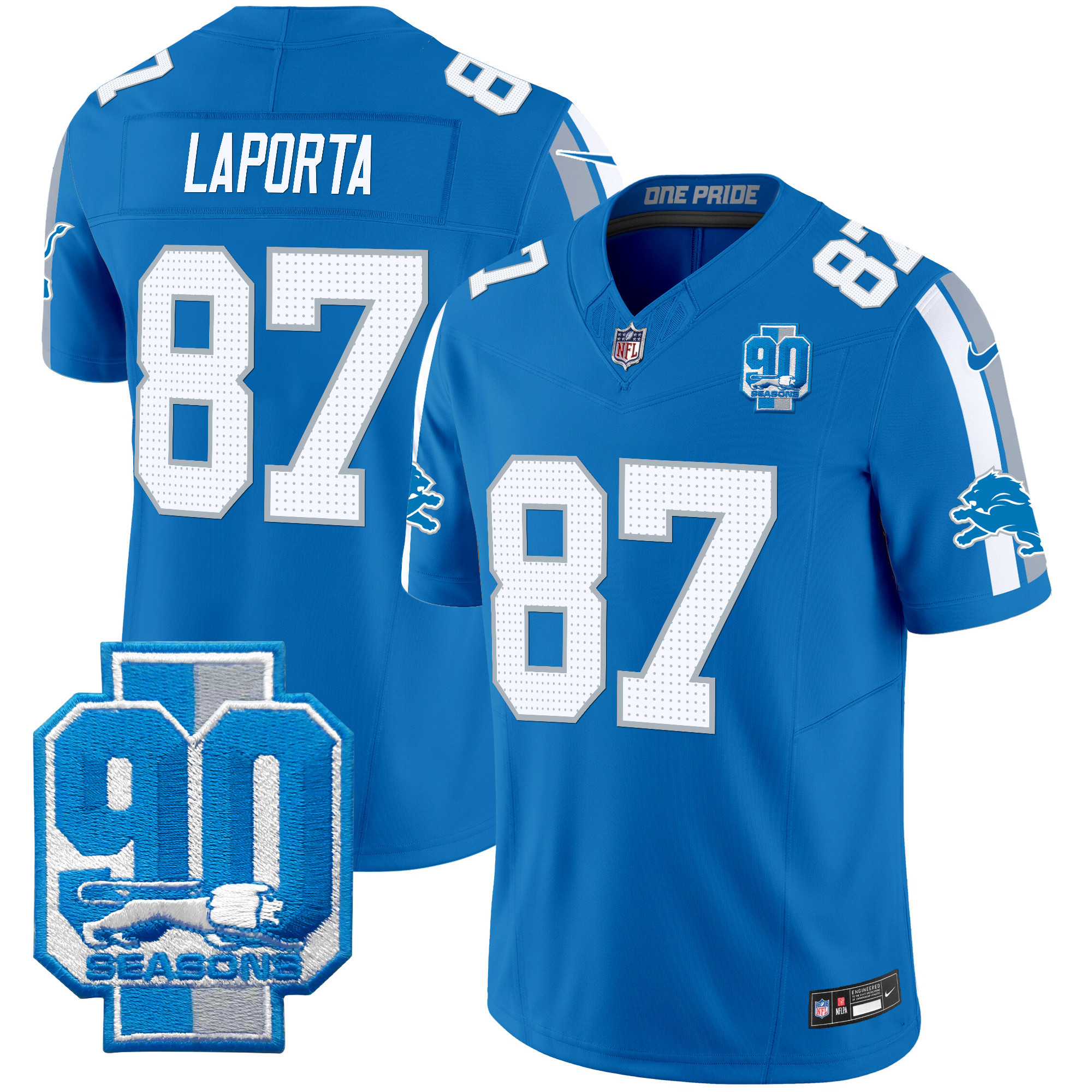 Men's Sam Laporta Detroit Lions 90th Year Patch Vapor Limited Blue Jersey - All Stitched