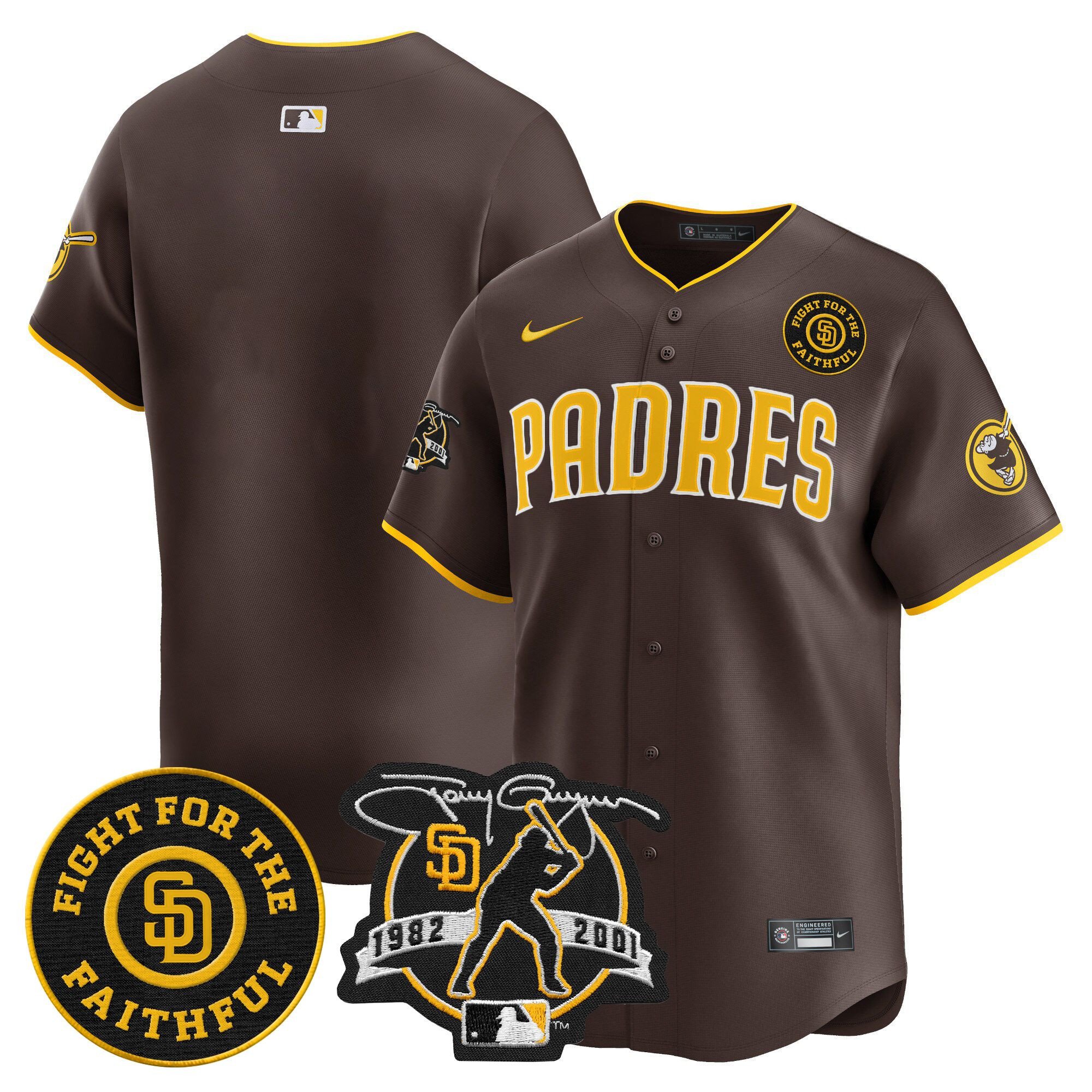 Men's San Diego Padres Tony Gwynn & Faithful Patch Vapor Premier Limited Brown Jersey Ã± All Stitched