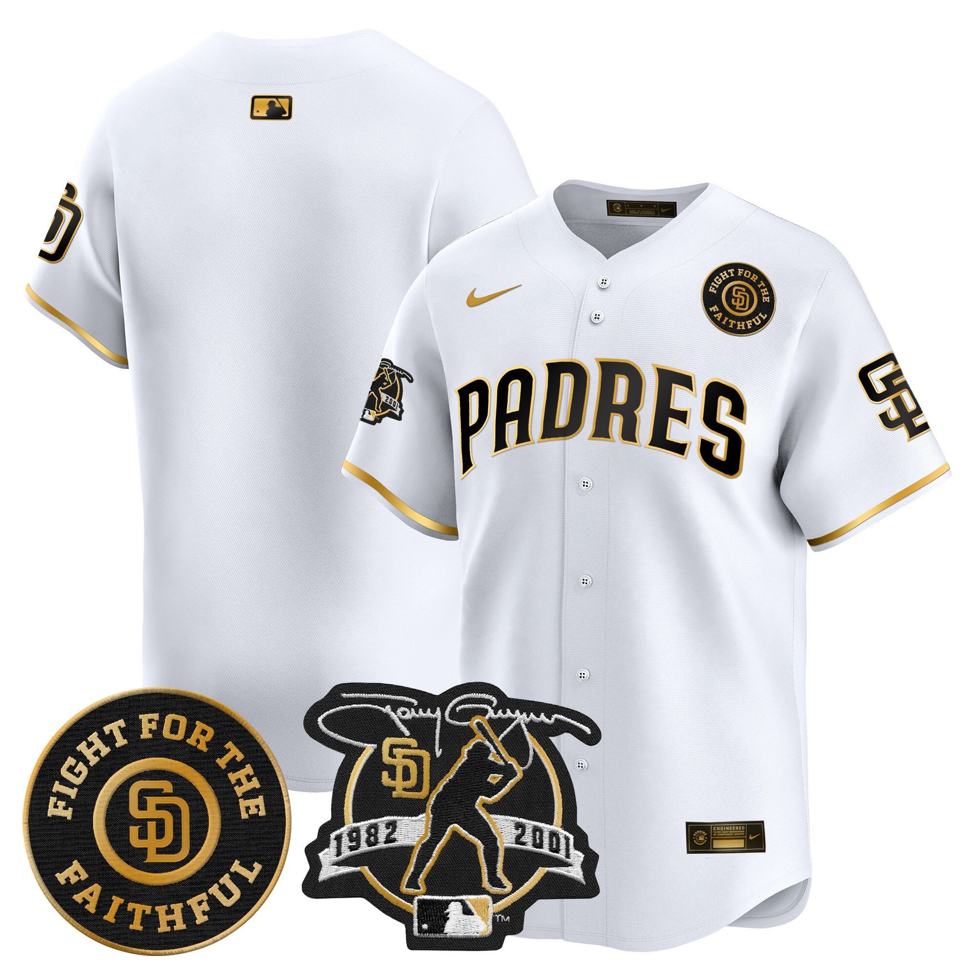 Men's San Diego Padres Tony Gwynn & Faithful Patch Vapor Premier Limited White Gold Jersey Ã± All Stitched