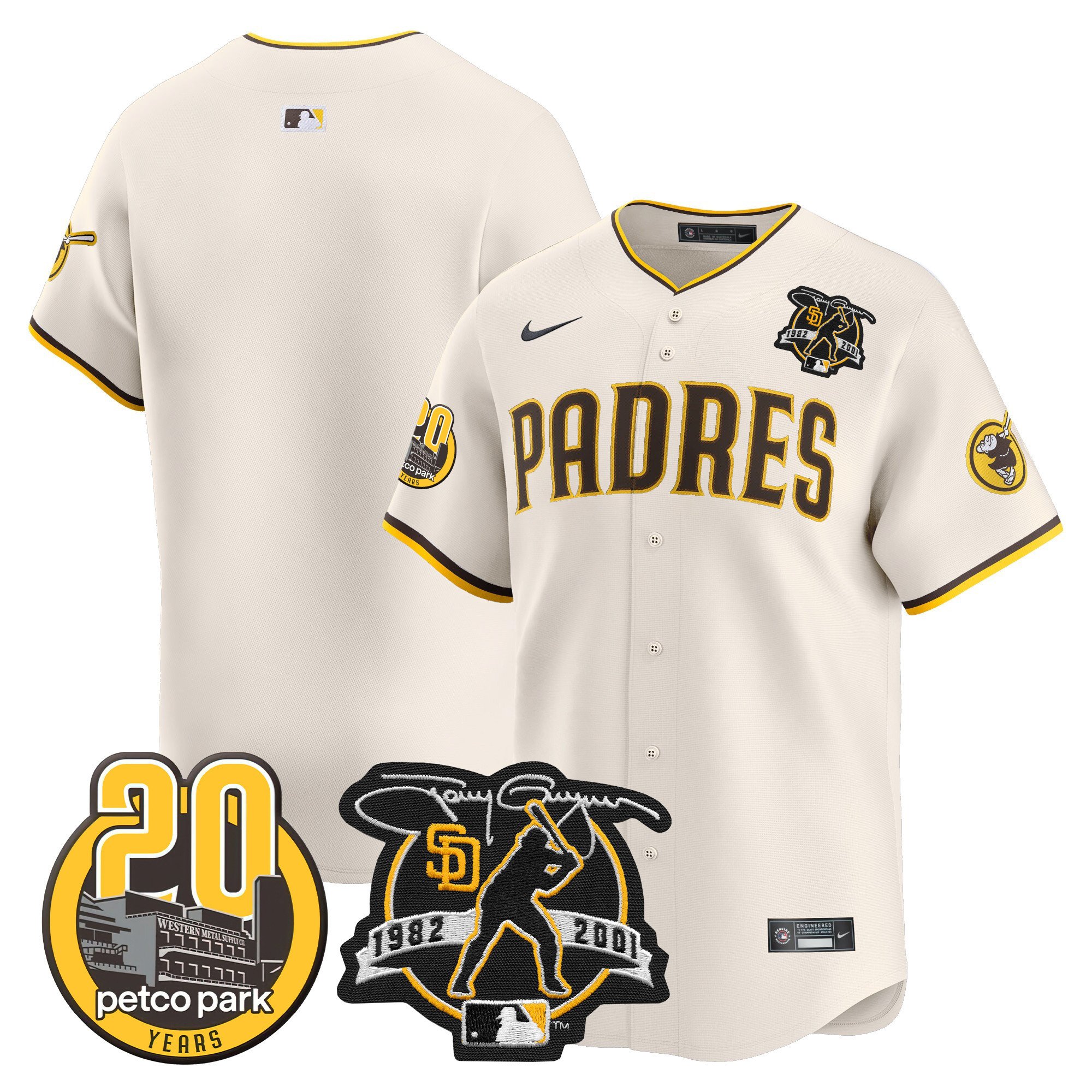 Men's San Diego Padres Tony Gwynn & Petco Park 20th Patch Vapor Premier Limited Cream Jersey V2 Ã± All Stitched
