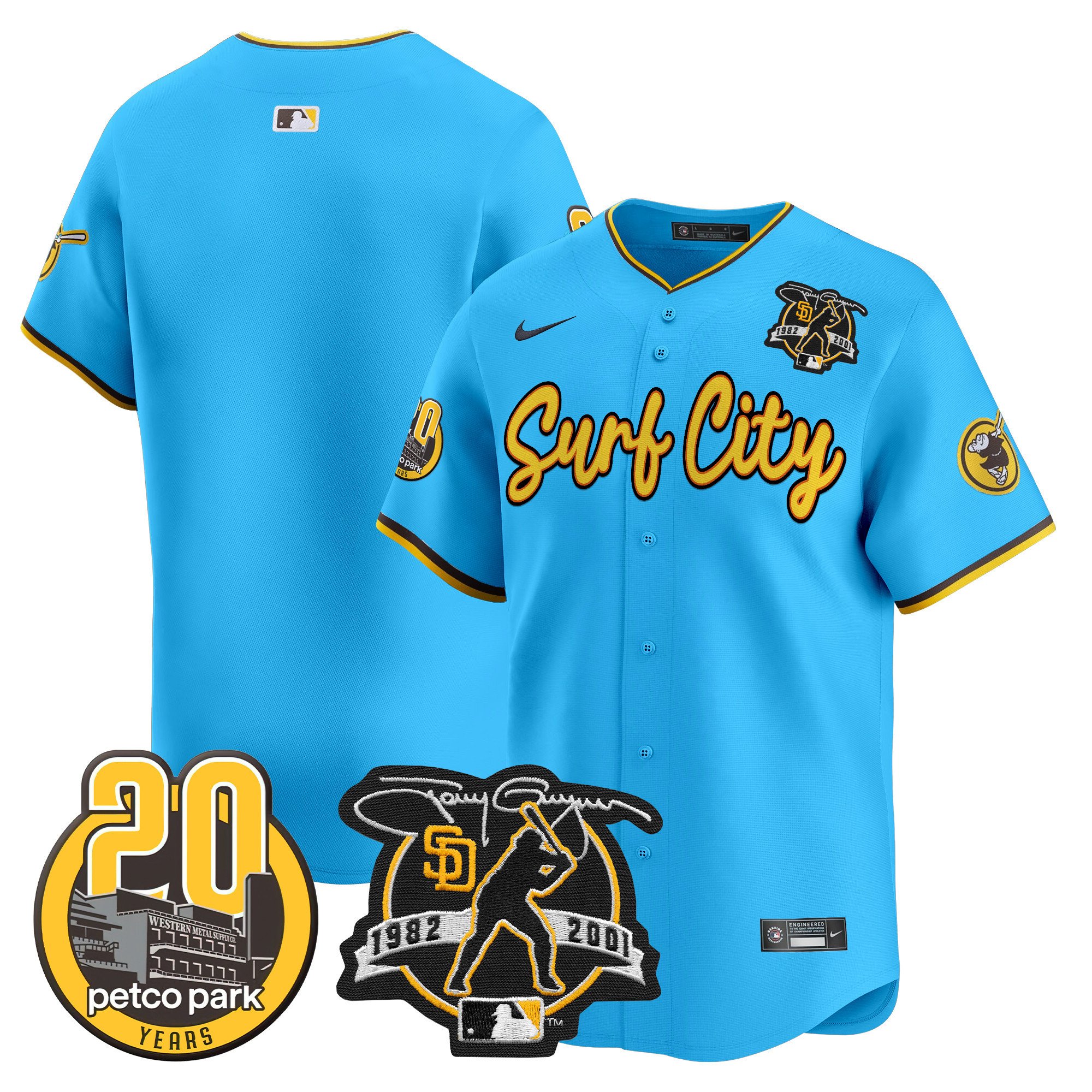 Men's San Diego Padres Tony Gwynn & Petco Park 20th Patch Vapor Premier Limited Light Blue Jersey V3 Ã± All Stitched