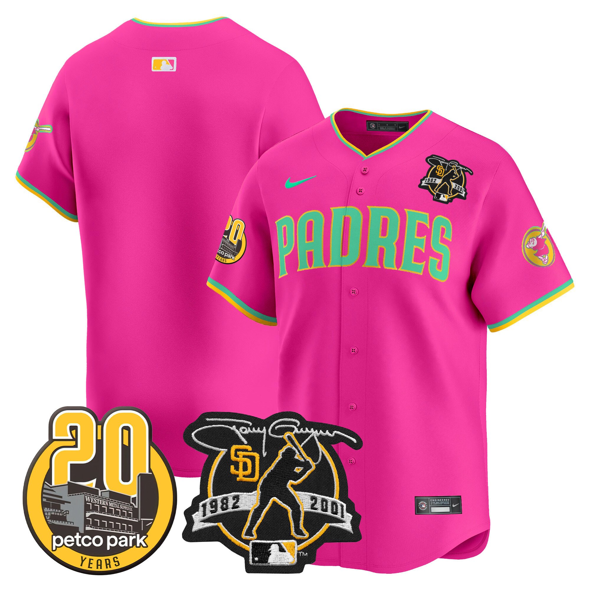 Men's San Diego Padres Tony Gwynn & Petco Park 20th Patch Vapor Premier Limited Pink Jersey V2 Ã± All Stitched