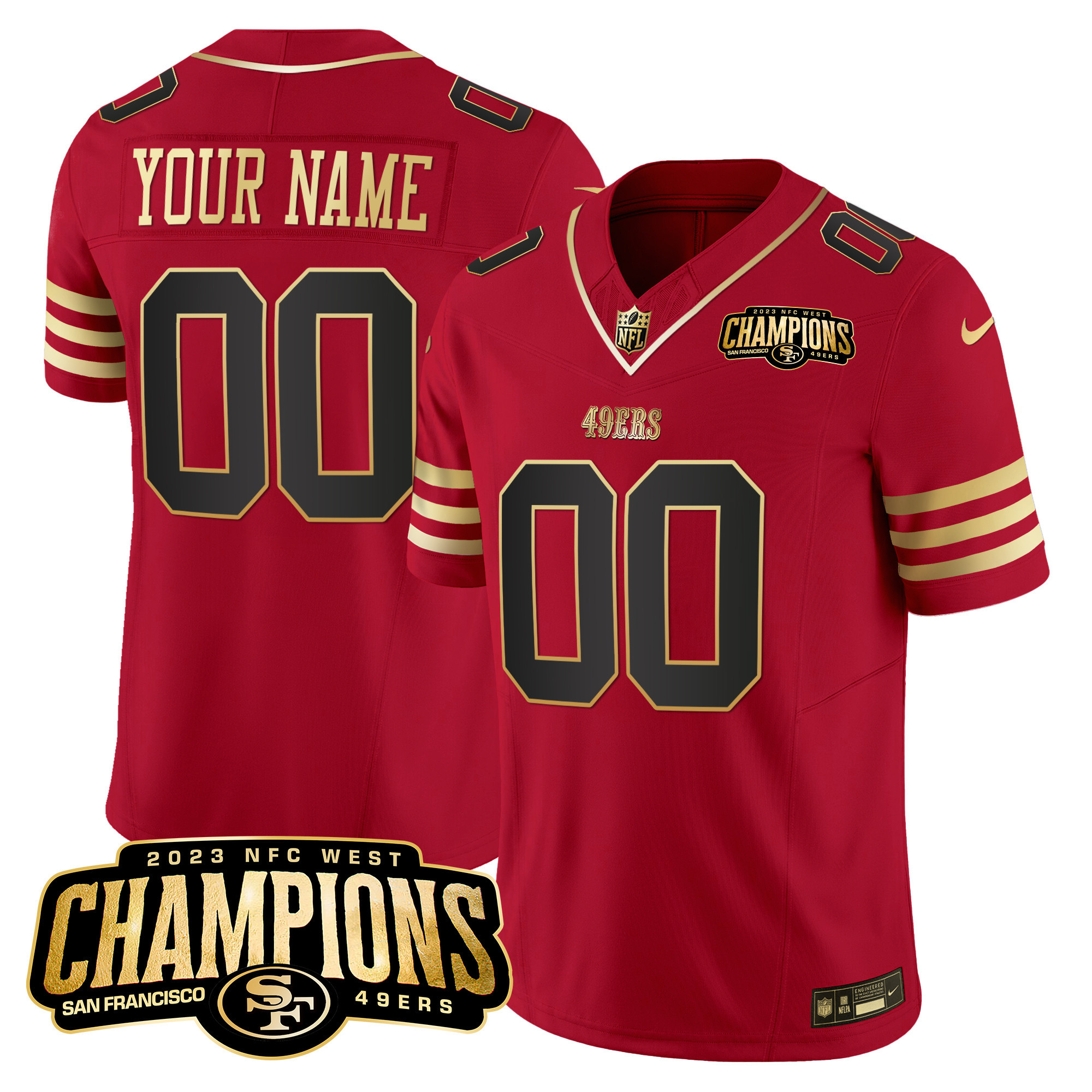 Men's San Francisco 49ers 2023 NFC West Champions Patch Vapor Black Scarlet Jersey V2 - All Stitched
