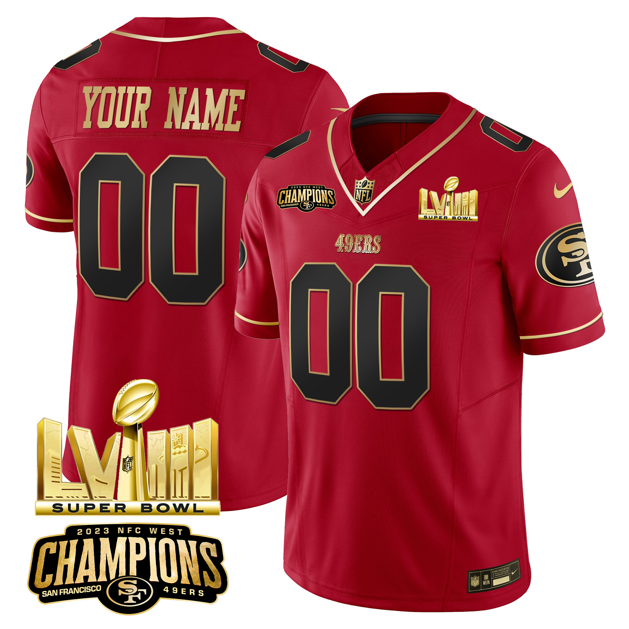 Men's San Francisco 49ers NFC West Champions & Super Bowl LVIII Gold Patch Vapor Custom Scarlet Limited Jersey - All Stitched