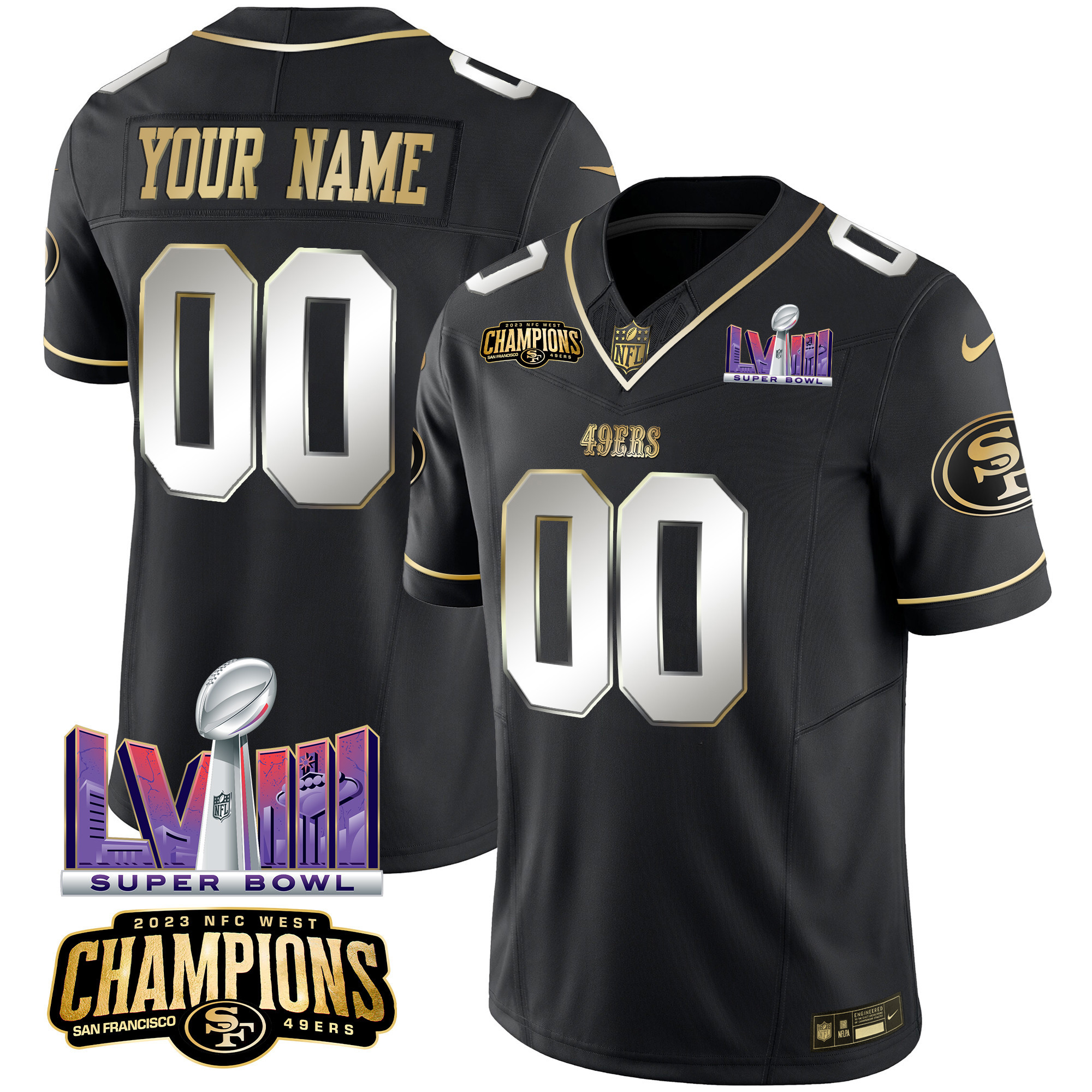 Men's San Francisco 49ers NFC West Champions & Super Bowl LVIII Patch Vapor Custom Black Limited Jersey - All Stitched