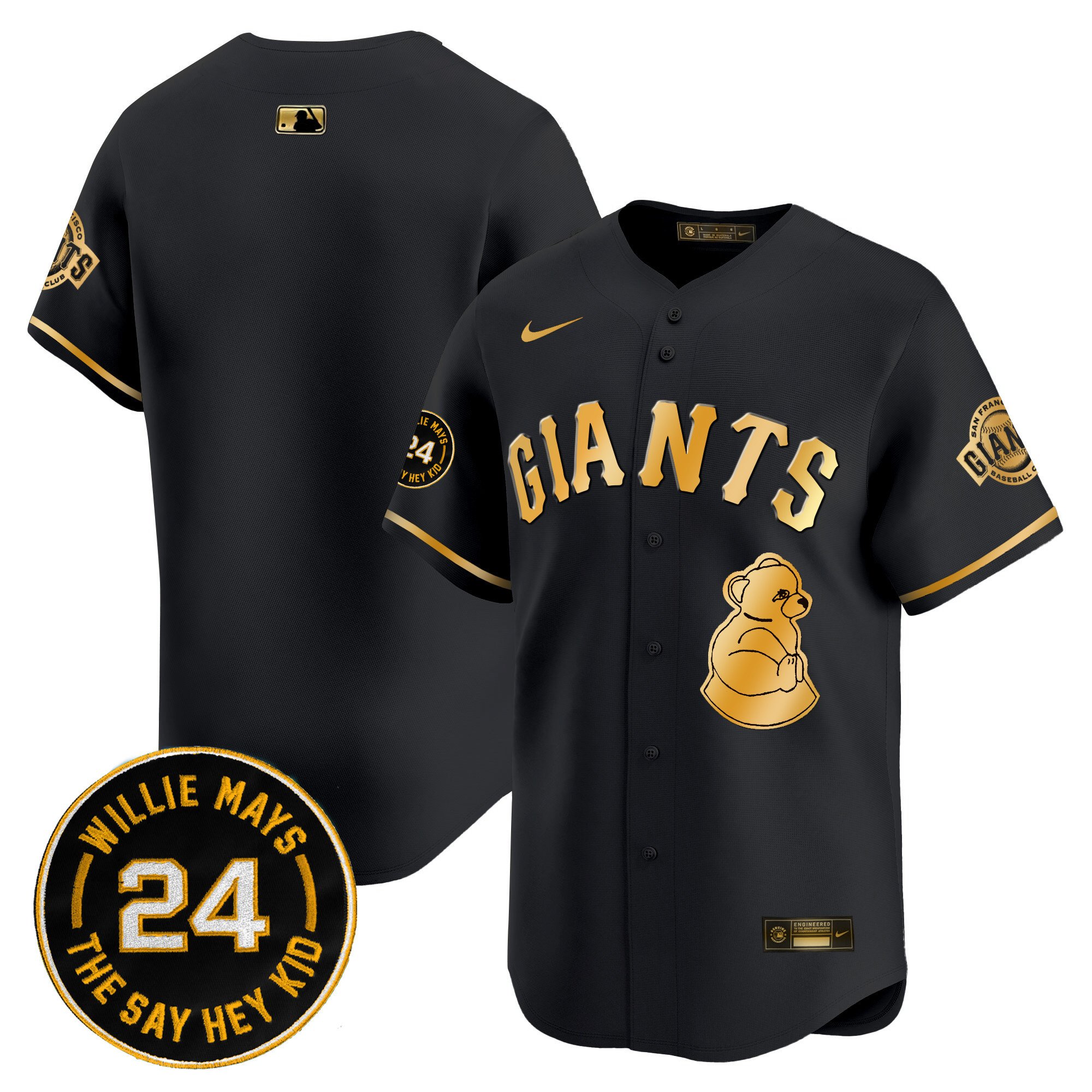 Men's San Francisco Giants 2024 Willie Mays Patch Vapor Premier Limited Black Gold Jersey V4 - All Stitched
