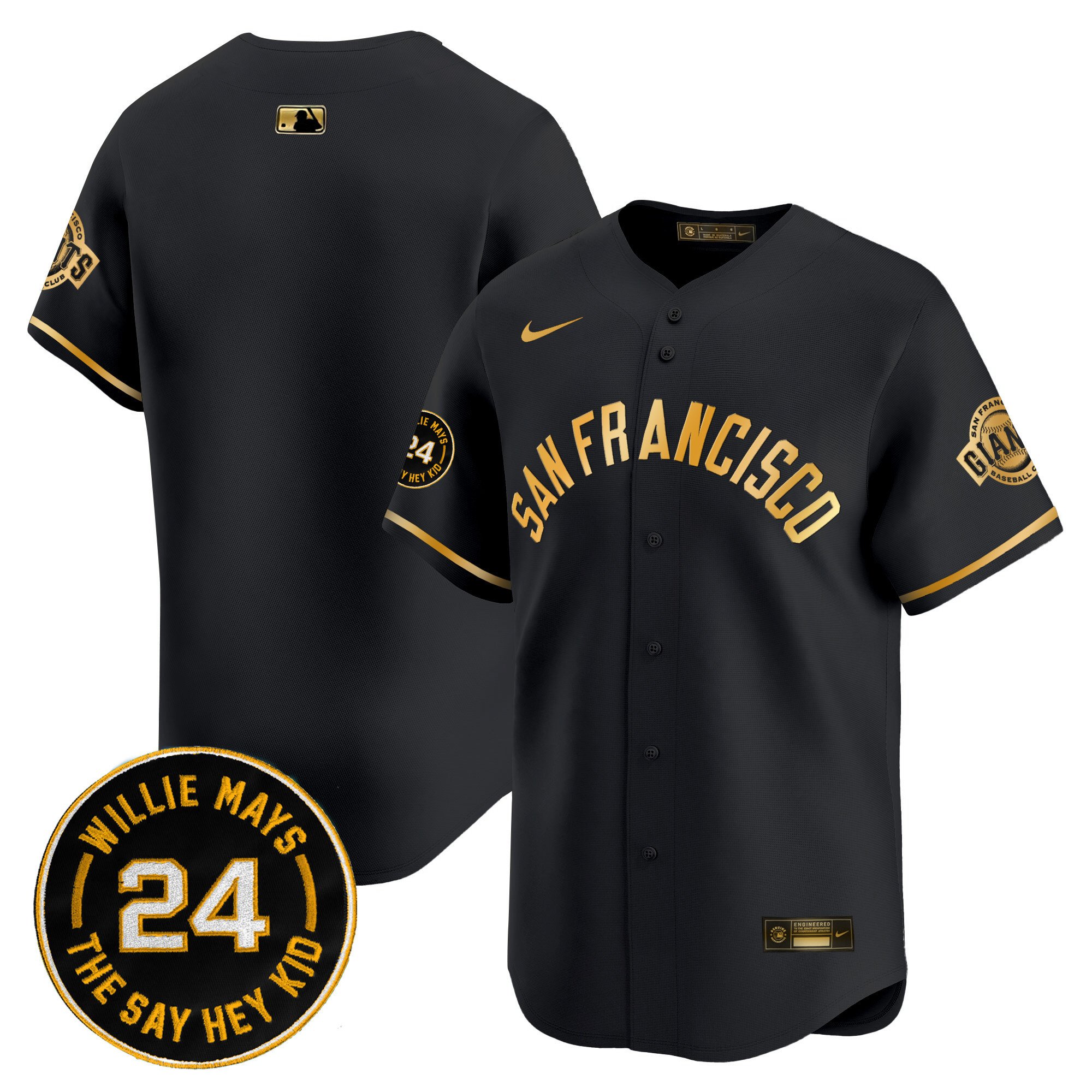 Men's San Francisco Giants 2024 Willie Mays Patch Vapor Premier Limited Black Gold Jersey V5 - All Stitched