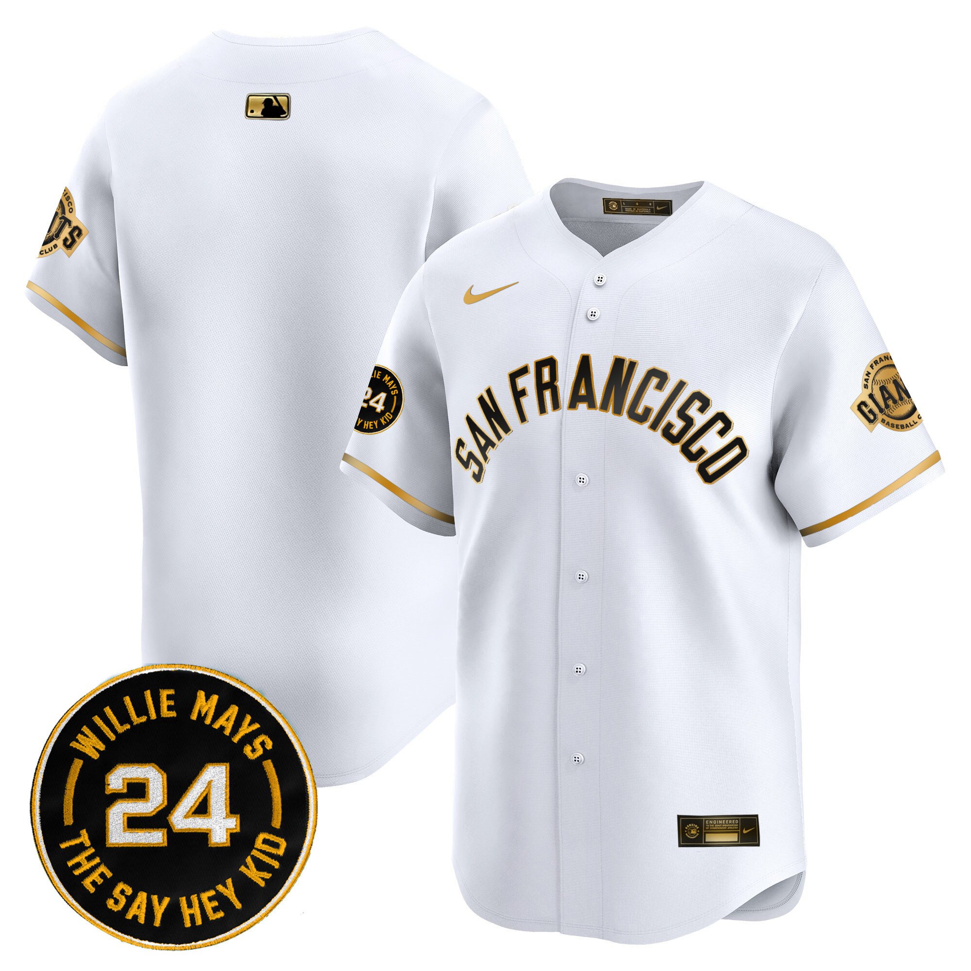 Men's San Francisco Giants 2024 Willie Mays Patch Vapor Premier Limited White Gold Jersey V5 - All Stitched