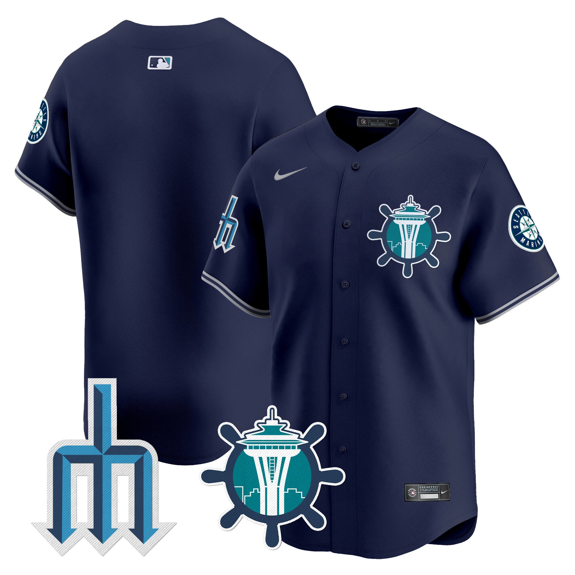 Men's Seattle Mariners Trident Patch Vapor Premier Limited Navy Jersey - All Stitched