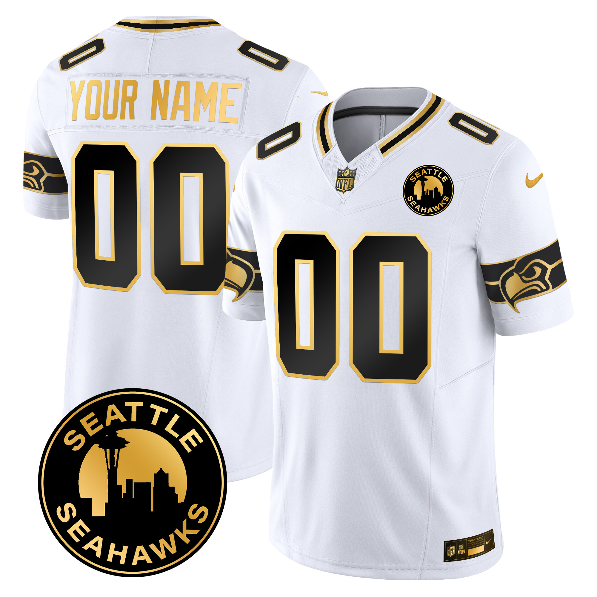 Men's Seattle Seahawks 2024 Seattle City Patch Gold Vapor Limited Custom White Gold Jersey - All Stitched