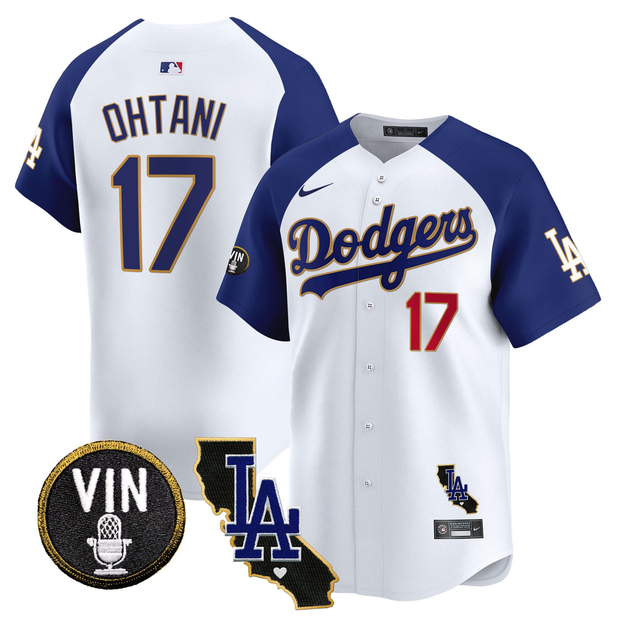 Men's Shohei Ohtani Los Angeles Dodgers Vin & California Patch Gold Trim Vapor Premier Limited White Alternate Jersey - All Stitched