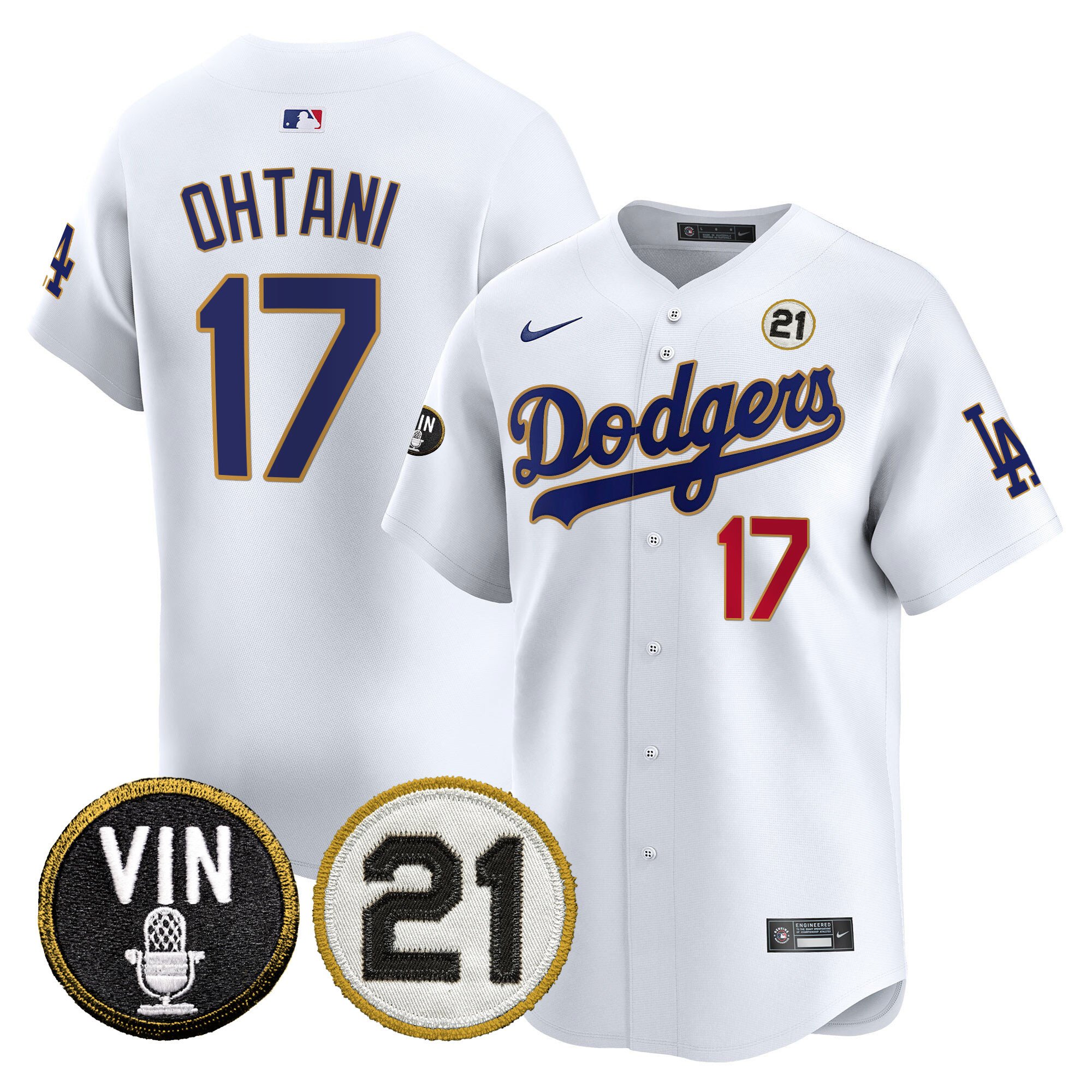Men's Shohei Ohtani Los Angeles Dodgers Vin & Roberto Patch Gold Trim Vapor Premier Limited White Jersey - All Stitched