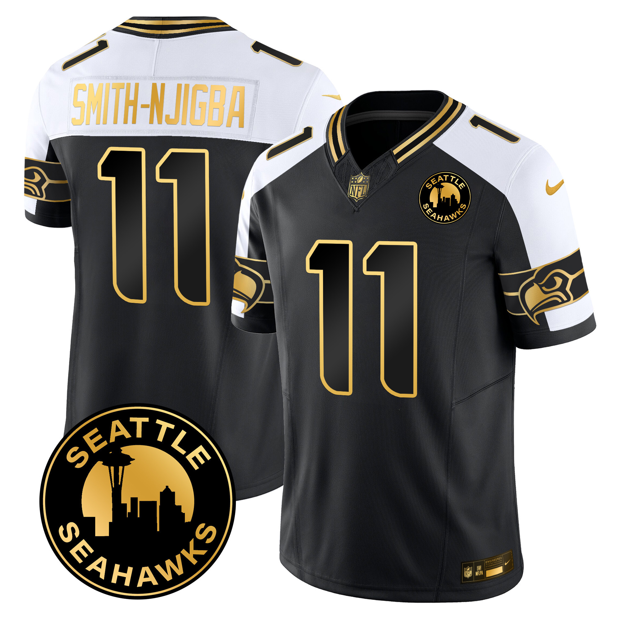 Men's Smith-Njigba Seattle Seahawks 2024 Seattle City Patch Gold Vapor Limited Alternate Jersey - All Stitched
