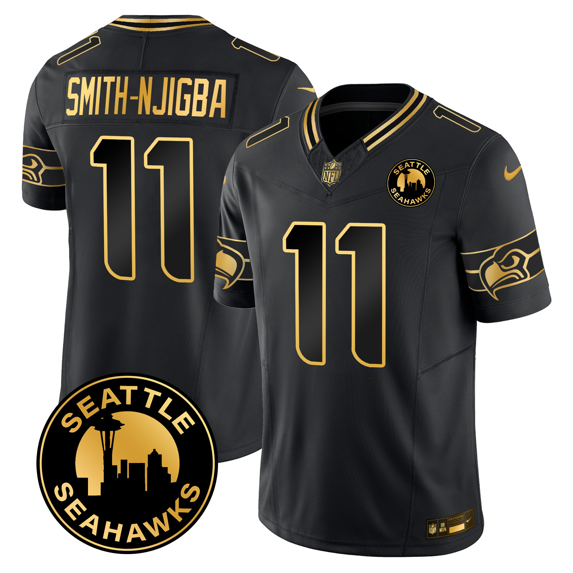 Men's Smith-Njigba Seattle Seahawks 2024 Seattle City Patch Gold Vapor Limited Black Gold Jersey - All Stitched