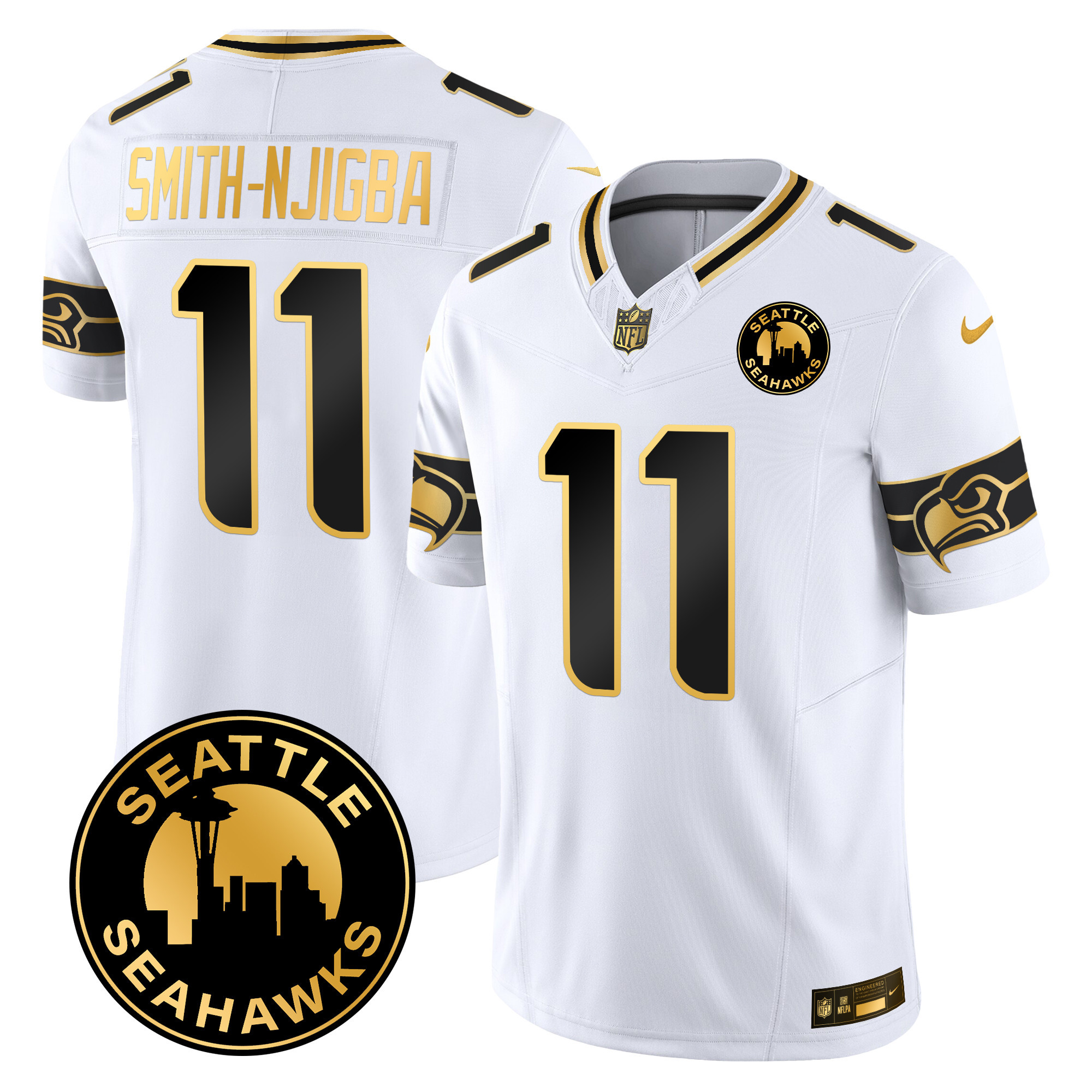 Men's Smith-Njigba Seattle Seahawks 2024 Seattle City Patch Gold Vapor Limited White Gold Jersey - All Stitched