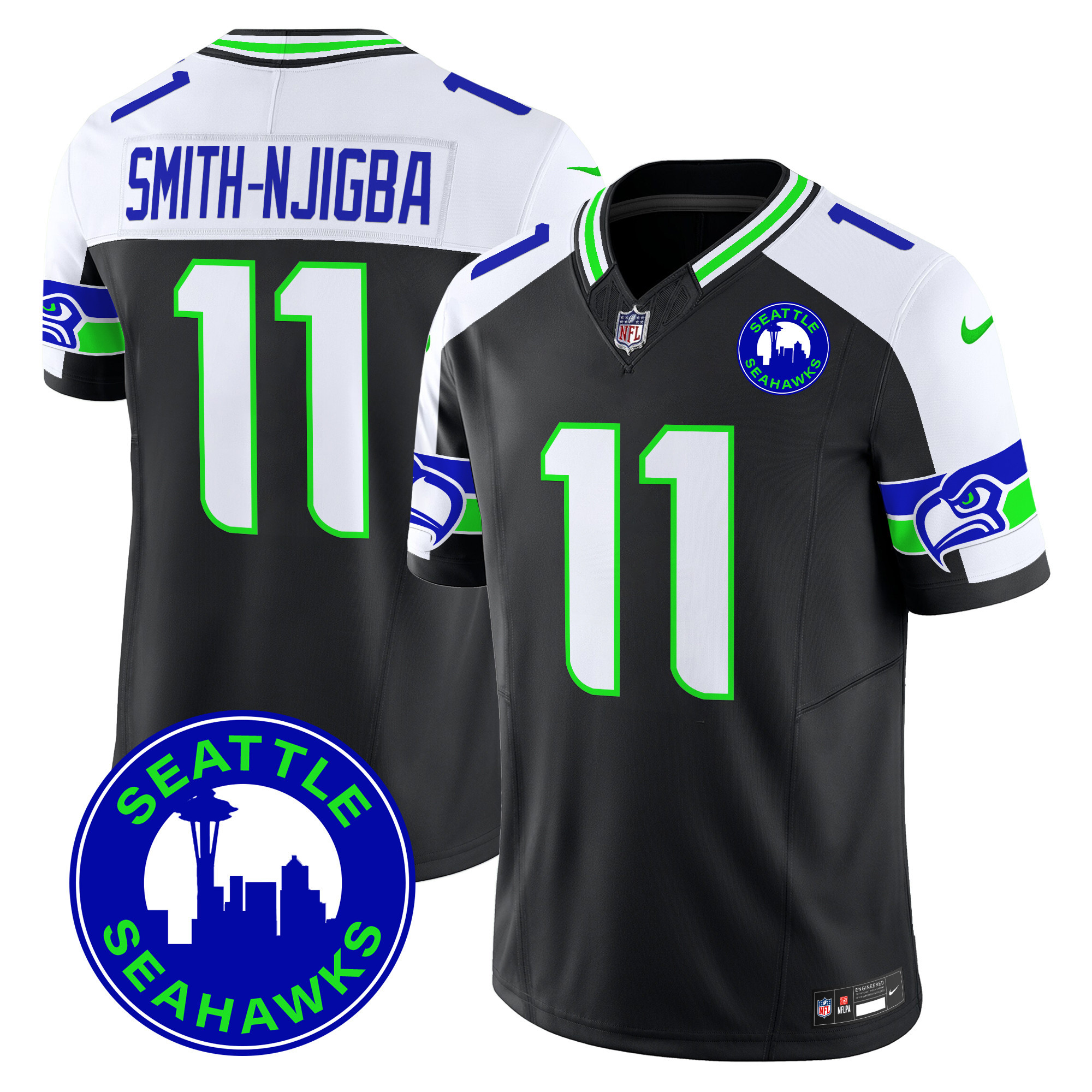 Men's Smith-Njigba Seattle Seahawks 2024 Seattle City Patch Vapor Limited Black Alternate Jersey - All Stitched