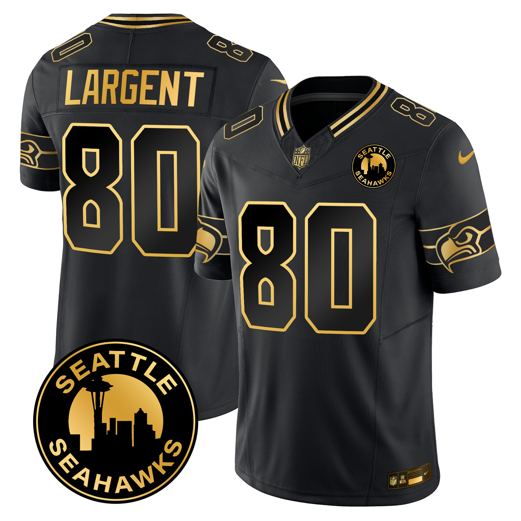 Men's Steve Largent Seattle Seahawks 2024 Seattle City Patch Gold Vapor Limited Black Gold Jersey - All Stitched