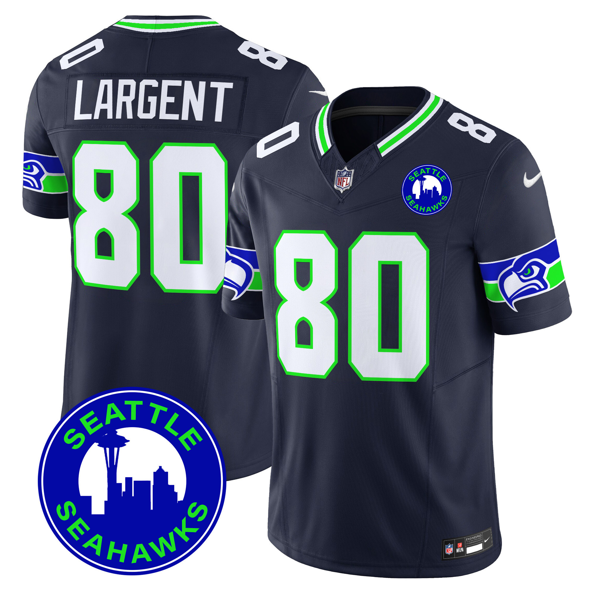 Men's Steve Largent Seattle Seahawks 2024 Seattle City Patch Vapor Limited Navy Jersey - All Stitched