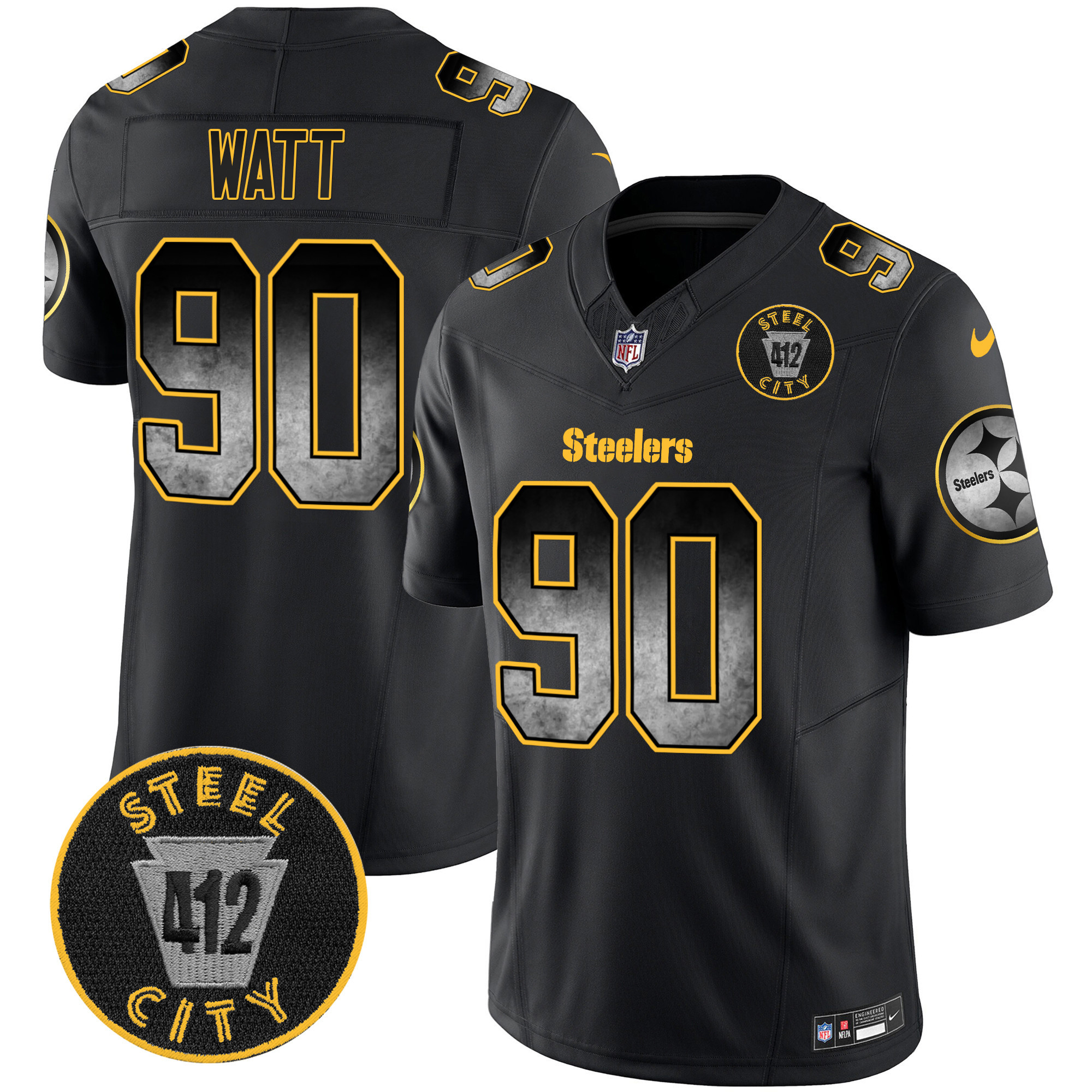 Men's T. J. Watt Pittsburgh Steelers Arch Smoke 412 Patch Vapor Limited Black Jersey - All Stitched
