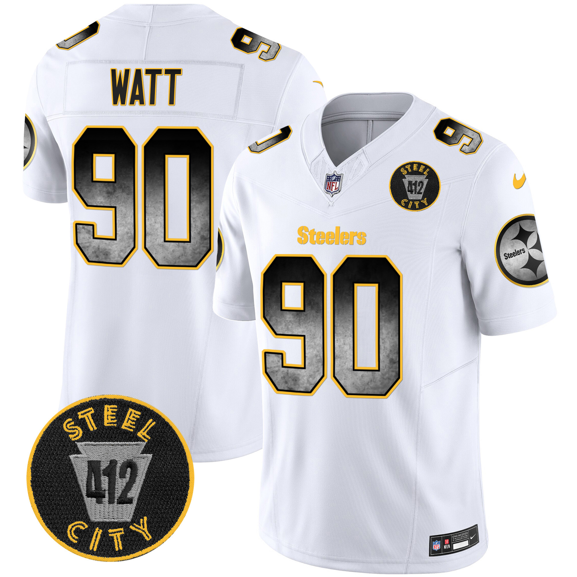 Men's T. J. Watt Pittsburgh Steelers Arch Smoke 412 Patch Vapor Limited White Jersey - All Stitched