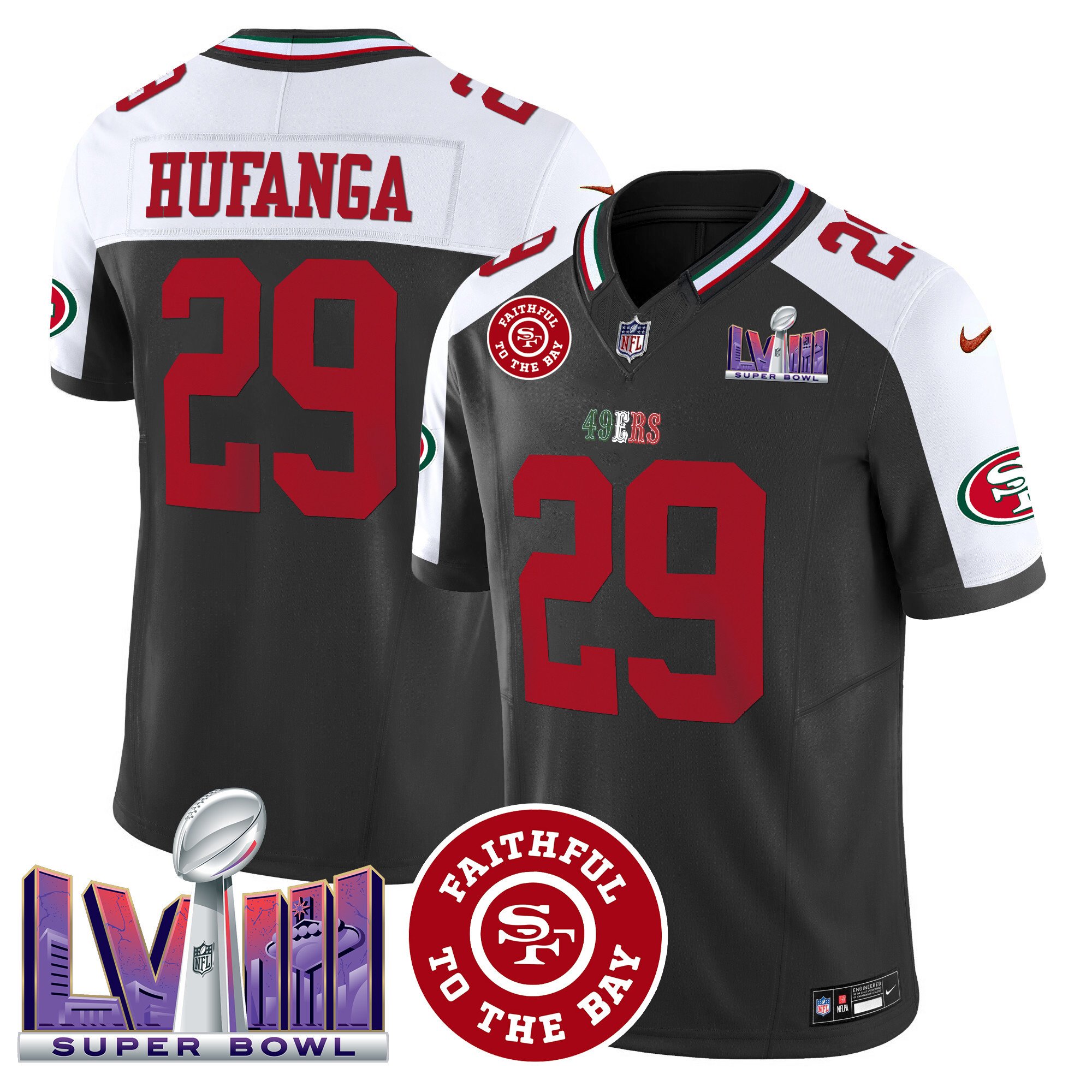 Men's Talanoa Hufanga San Francisco 49ers Mexico Faithful & Super Bowl LVIII Patch Vapor Black Alterante Jersey - All Stitched