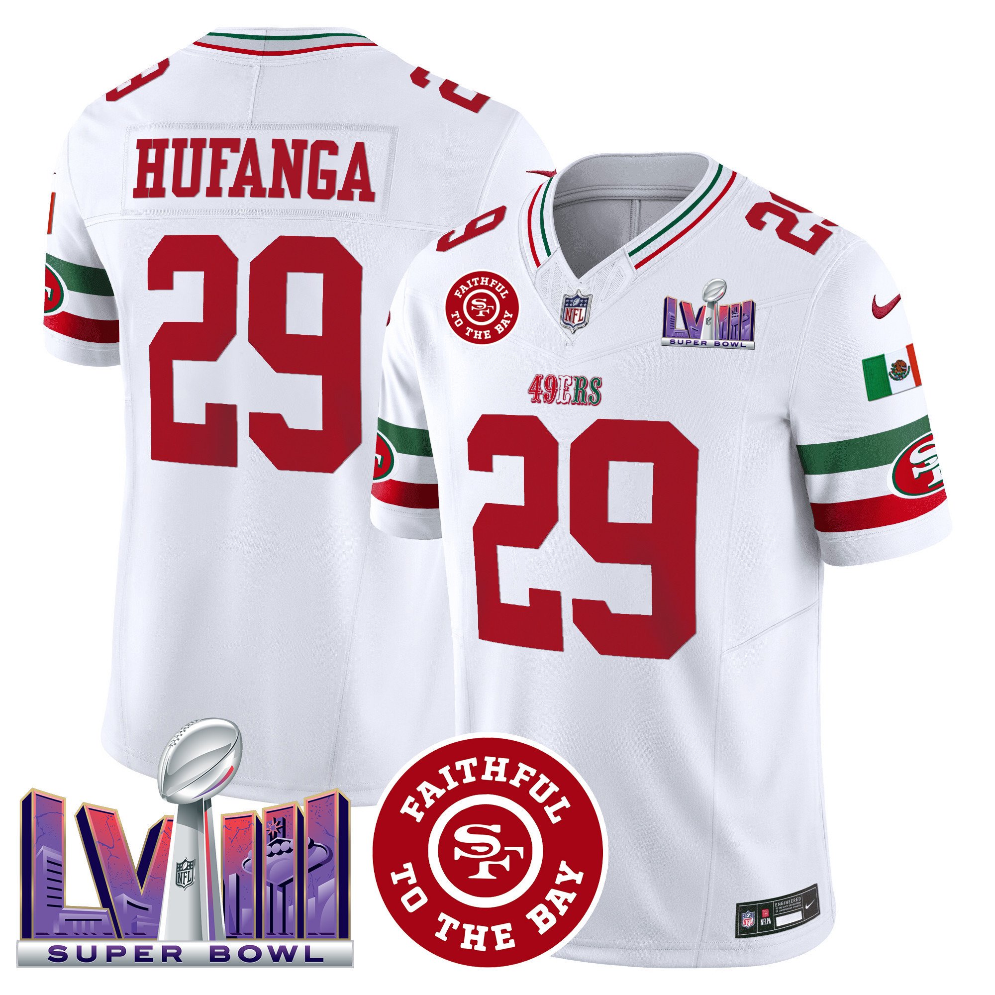 Men's Talanoa Hufanga San Francisco 49ers Mexico Faithful & Super Bowl LVIII Patch Vapor White Jersey - All Stitched