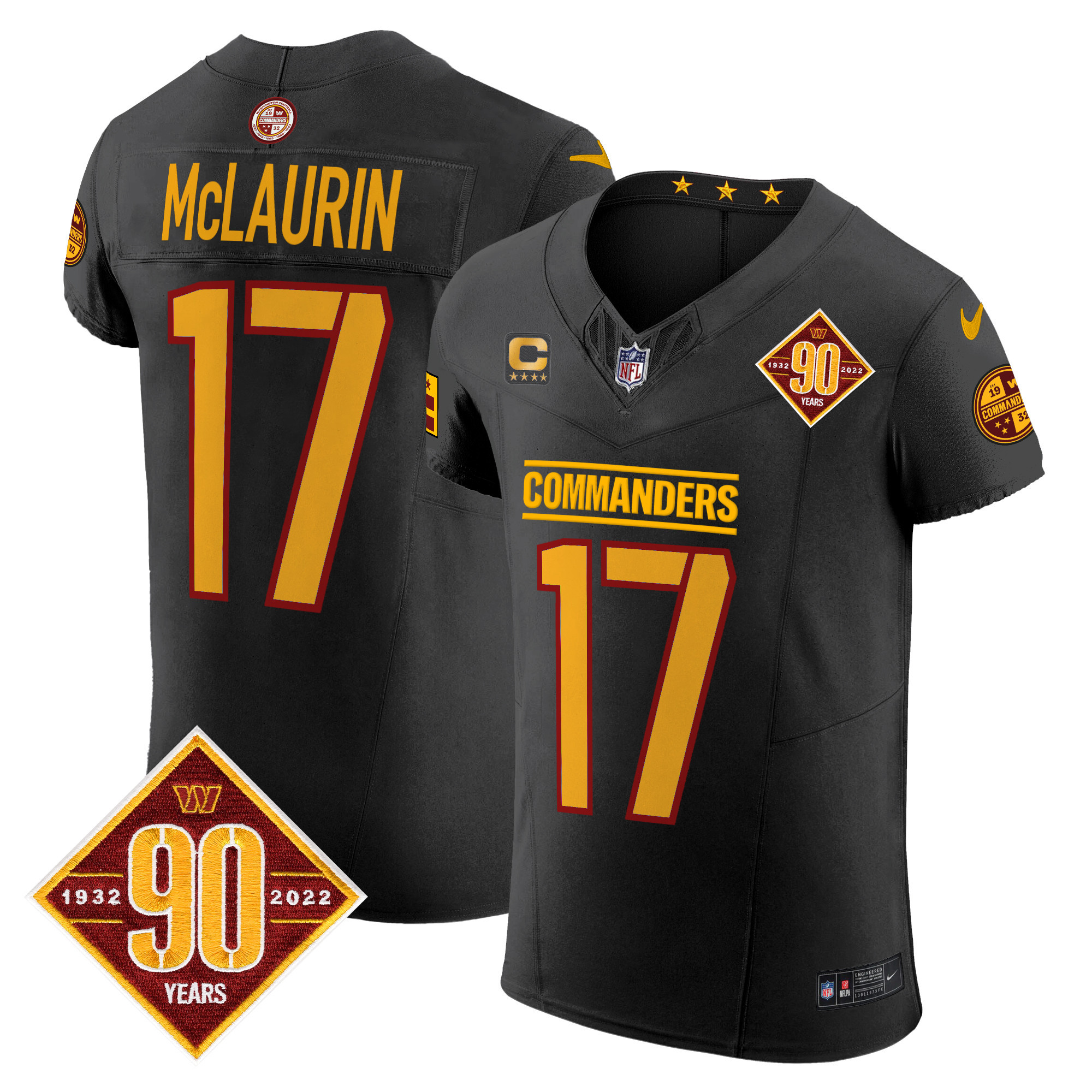 Men's Terry McLaurin Washington Commanders 90th Anniversary Patch Vapor Elite Black Jersey - All Stitched