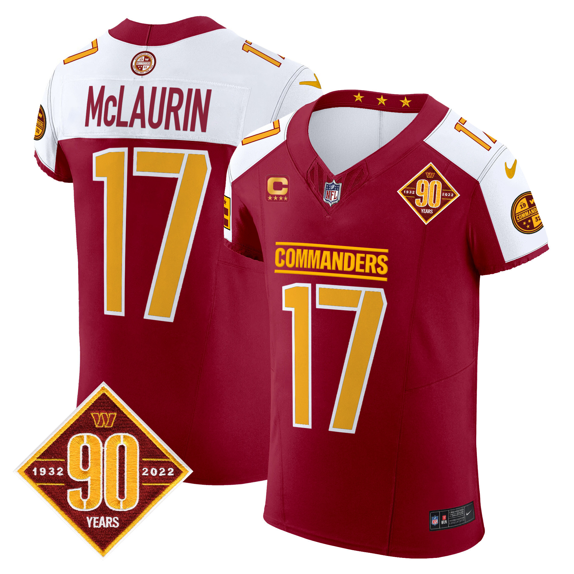 Men's Terry McLaurin Washington Commanders 90th Anniversary Patch Vapor Elite Burgundy Alternate Jersey - All Stitched