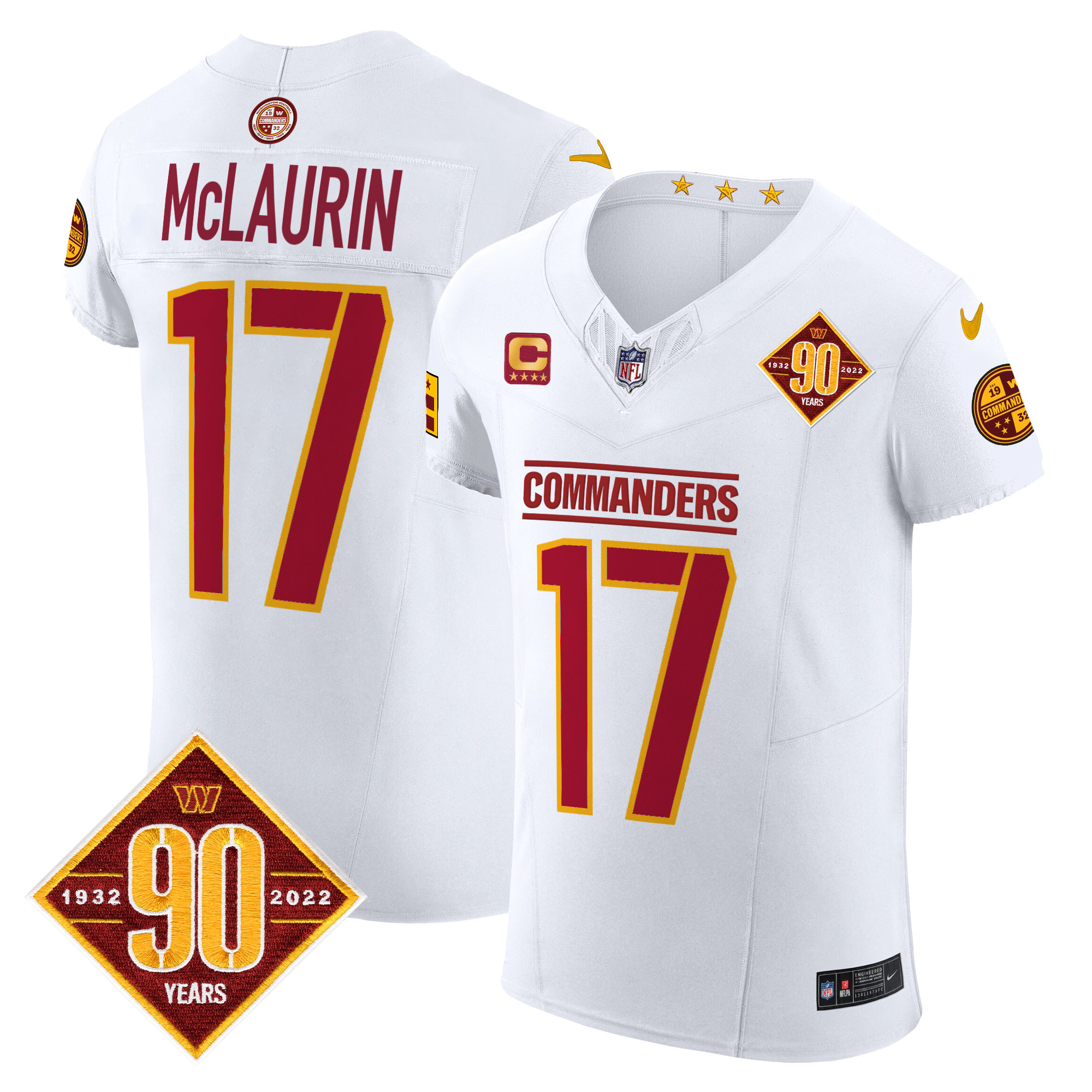 Men's Terry McLaurin Washington Commanders 90th Anniversary Patch Vapor Elite White Jersey - All Stitched