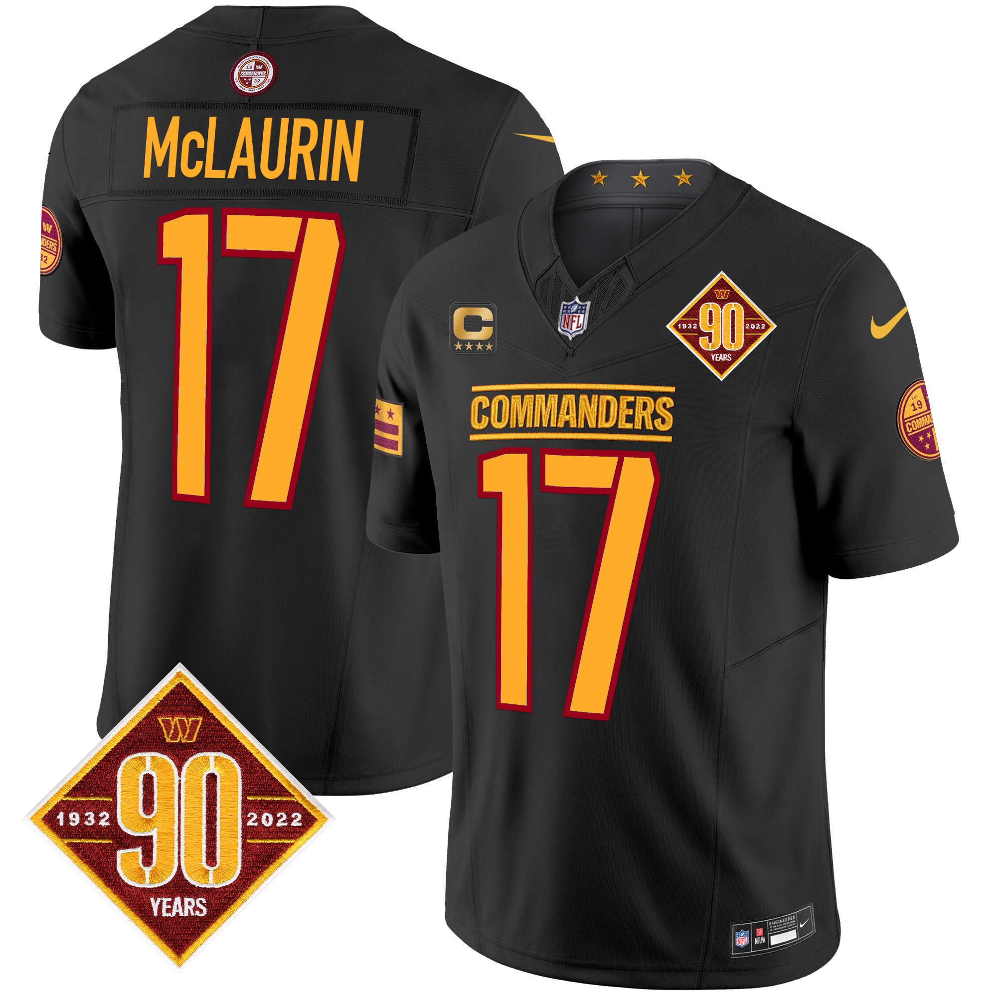 Men's Terry McLaurin Washington Commanders 90th Anniversary Patch Vapor Limited Black Jersey - All Stitched