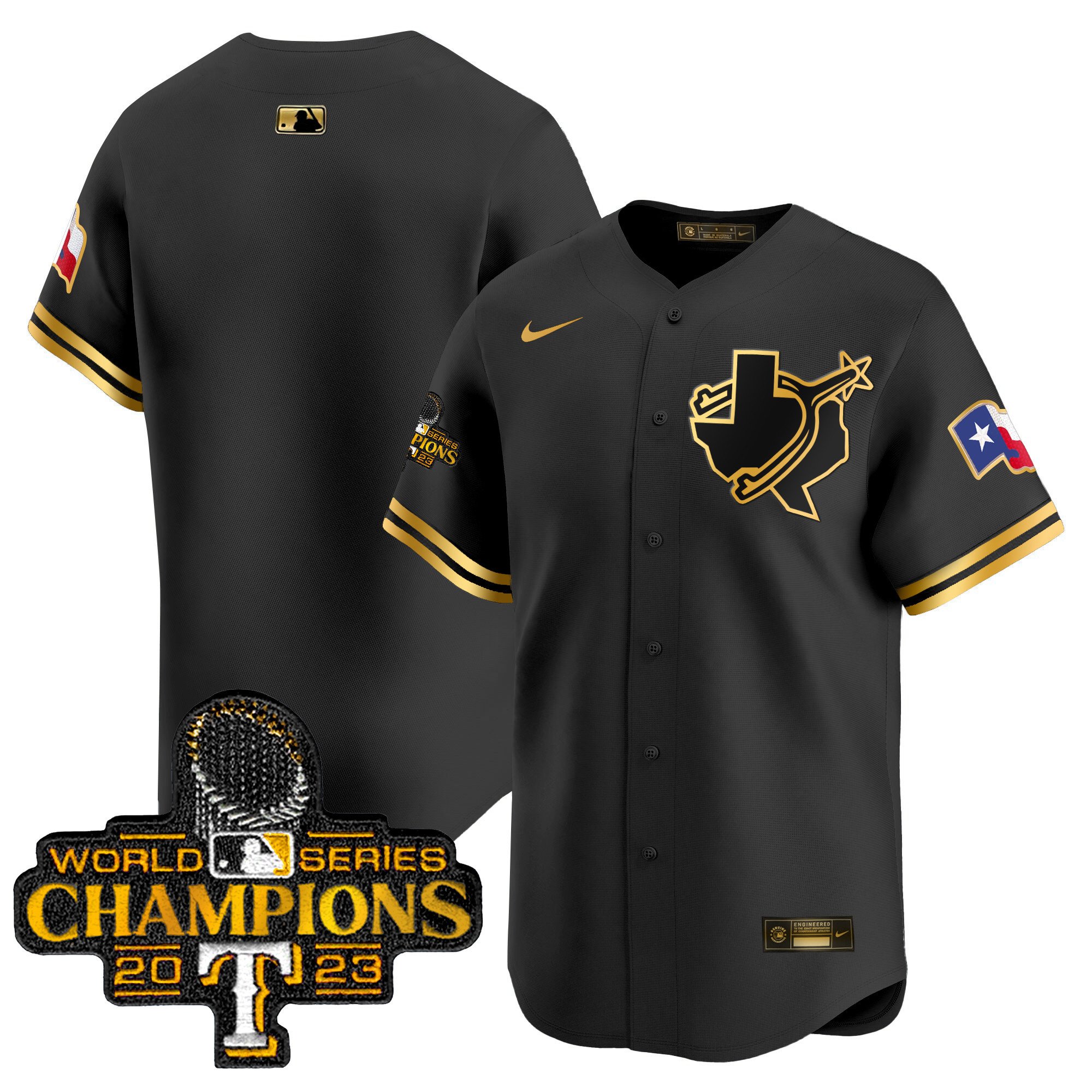 Men's Texas Rangers World Series Champions Vapor Premier Limited Black Gold Jersey V3 - All Stitched