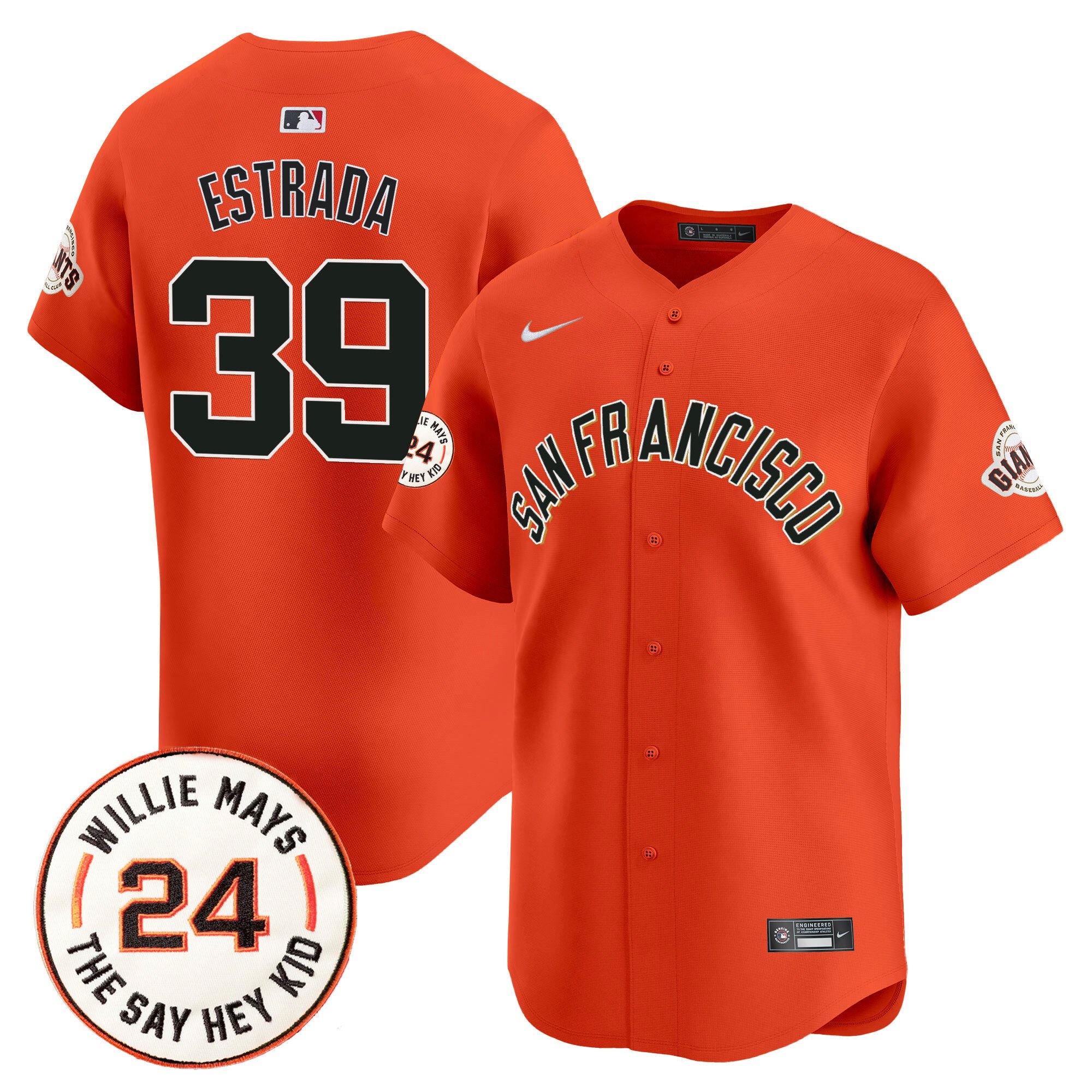 Men's Thairo Estrada San Francisco Giants 2024 Willie Mays Patch Vapor Premier Limited Orange Jersey V5 - All Stitched
