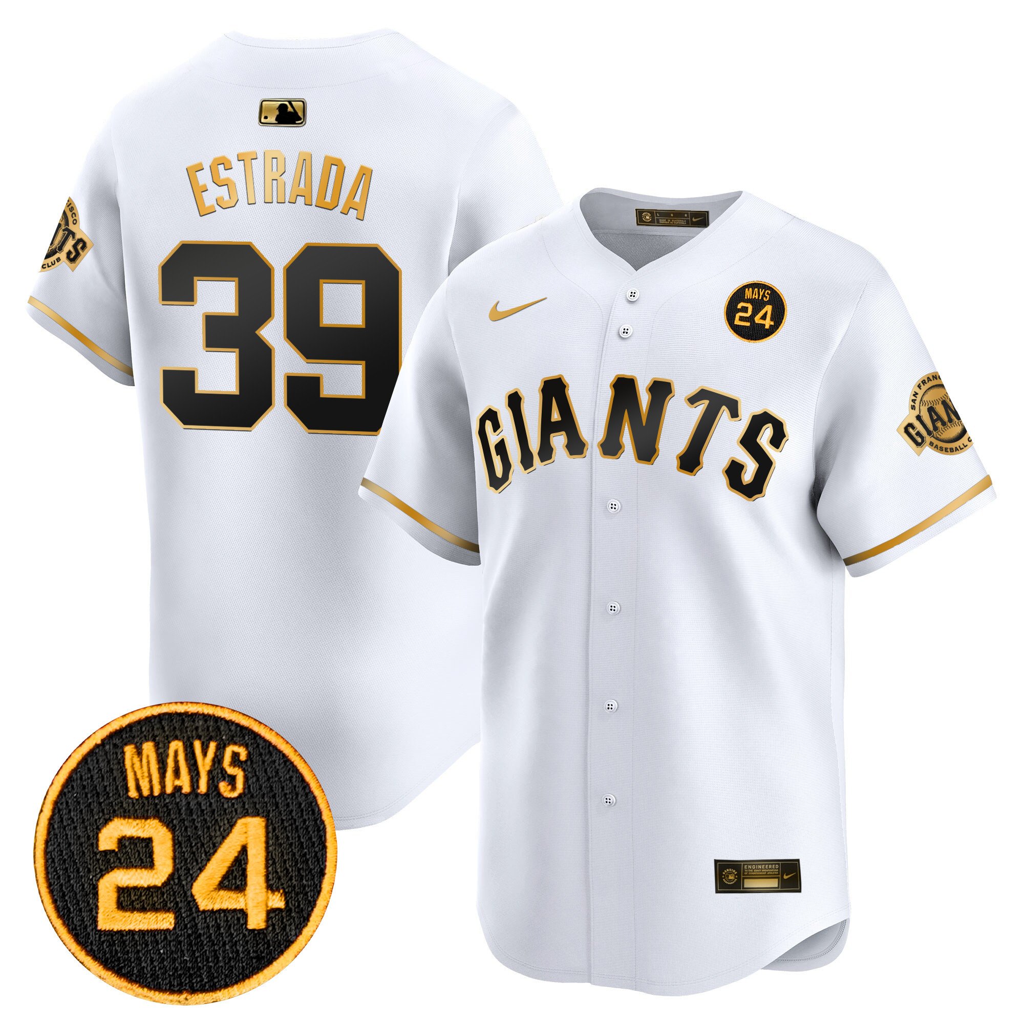 Men's Thairo Estrada San Francisco Giants 2024 Willie Mays Patch Vapor Premier Limited White Gold Jersey V3 - All Stitched