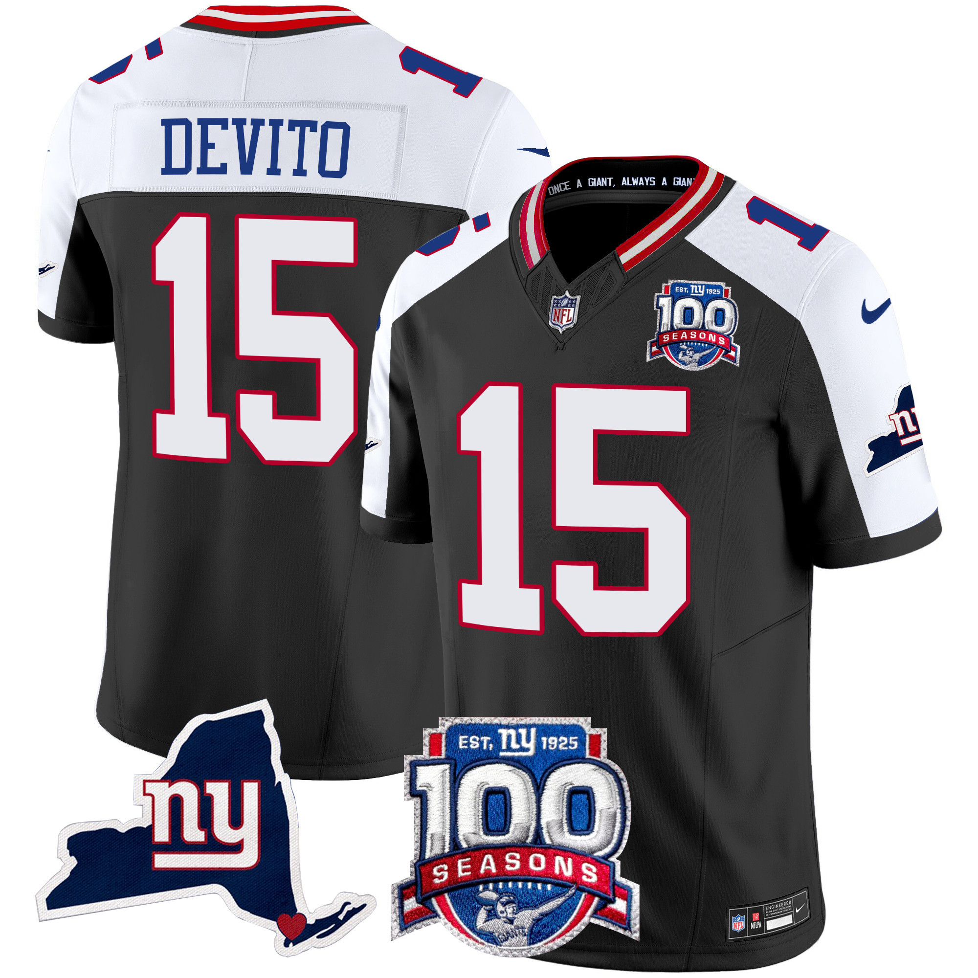 Men's Tommy DeVito New York Giants 100th Season & State Patch Vapor Limited Black Alternate Jersey - All Stitched